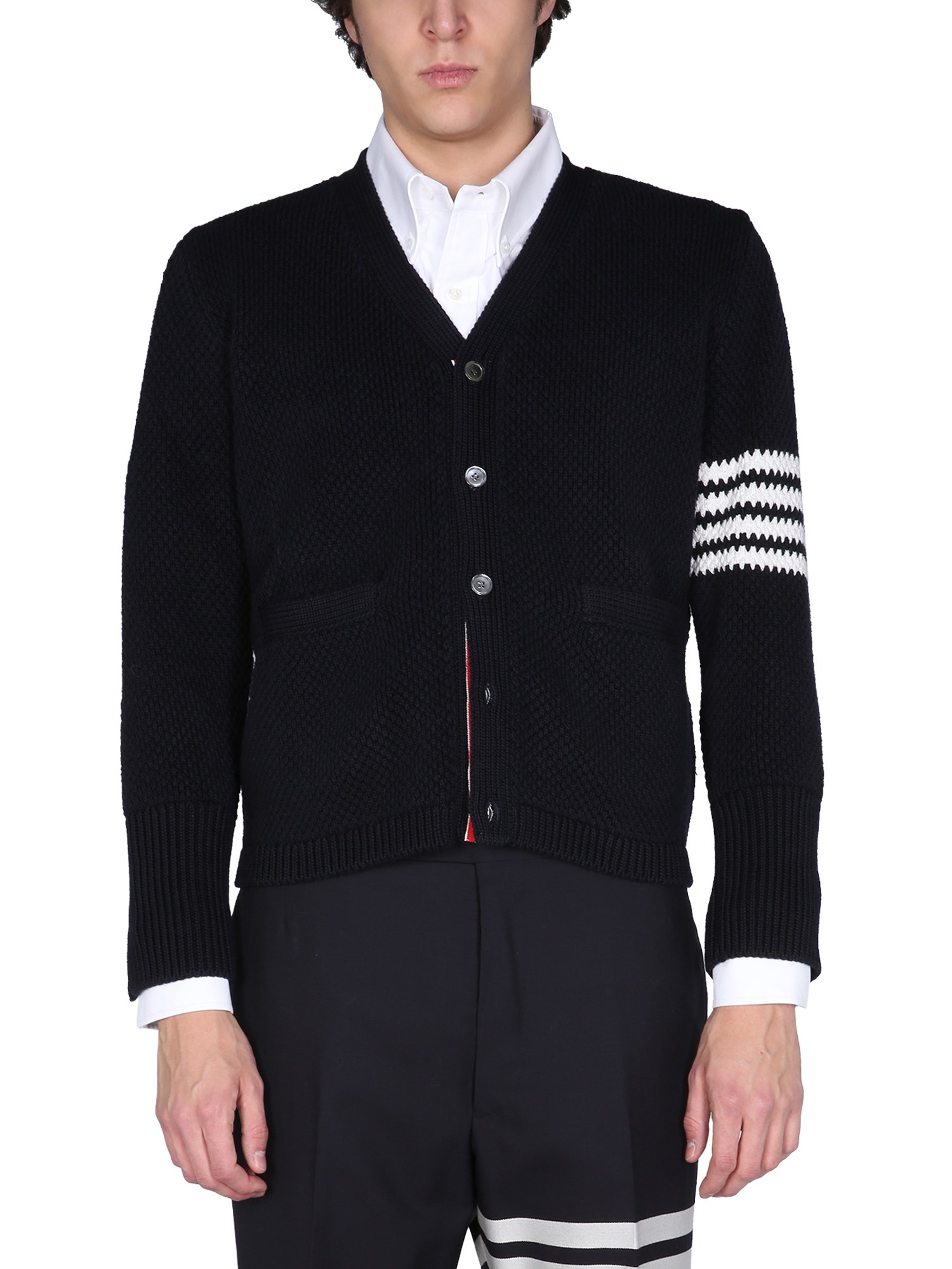 thom browne cardigan with 4 bars inlay