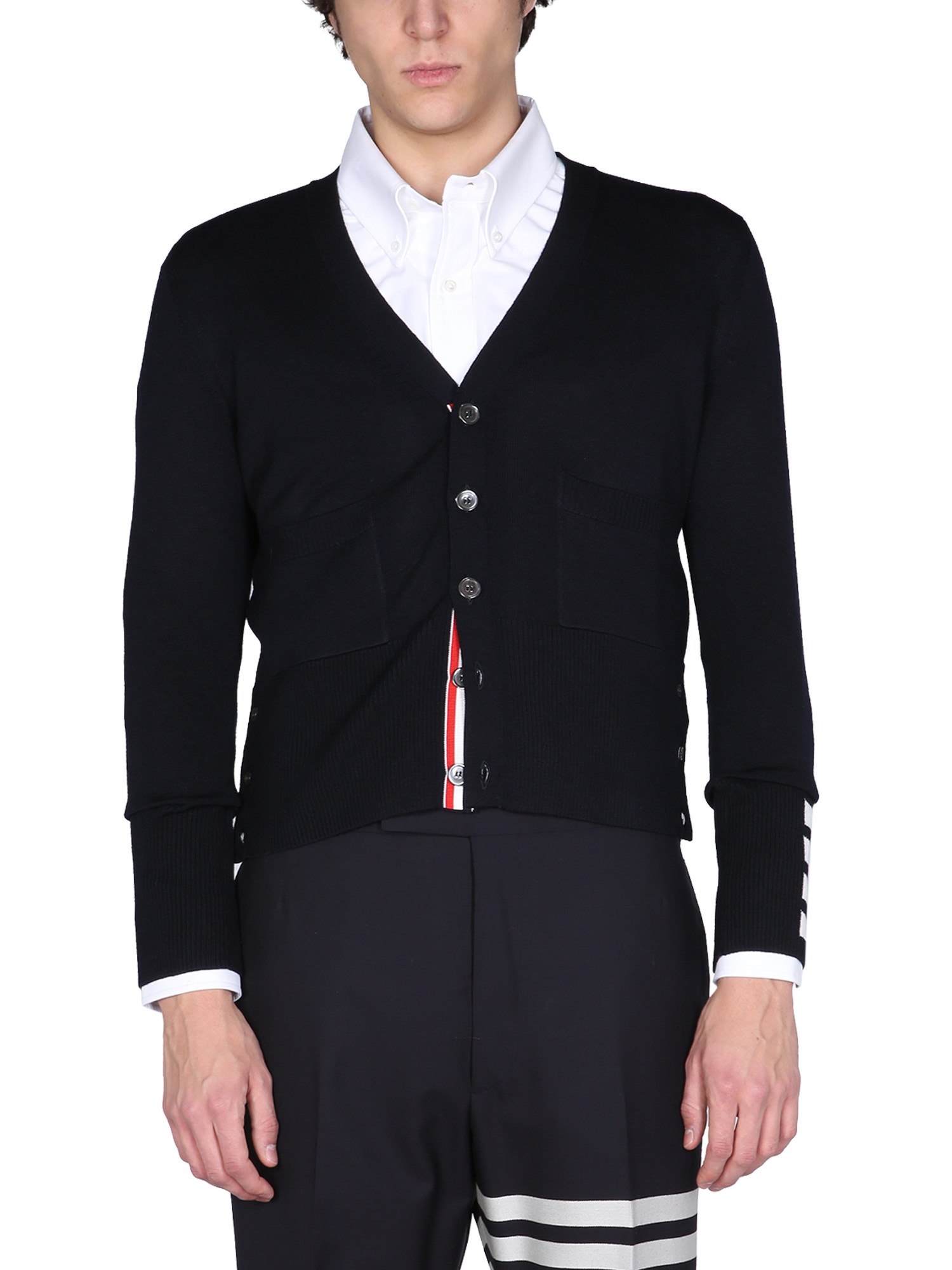 thom browne cardigan with rwb stripe