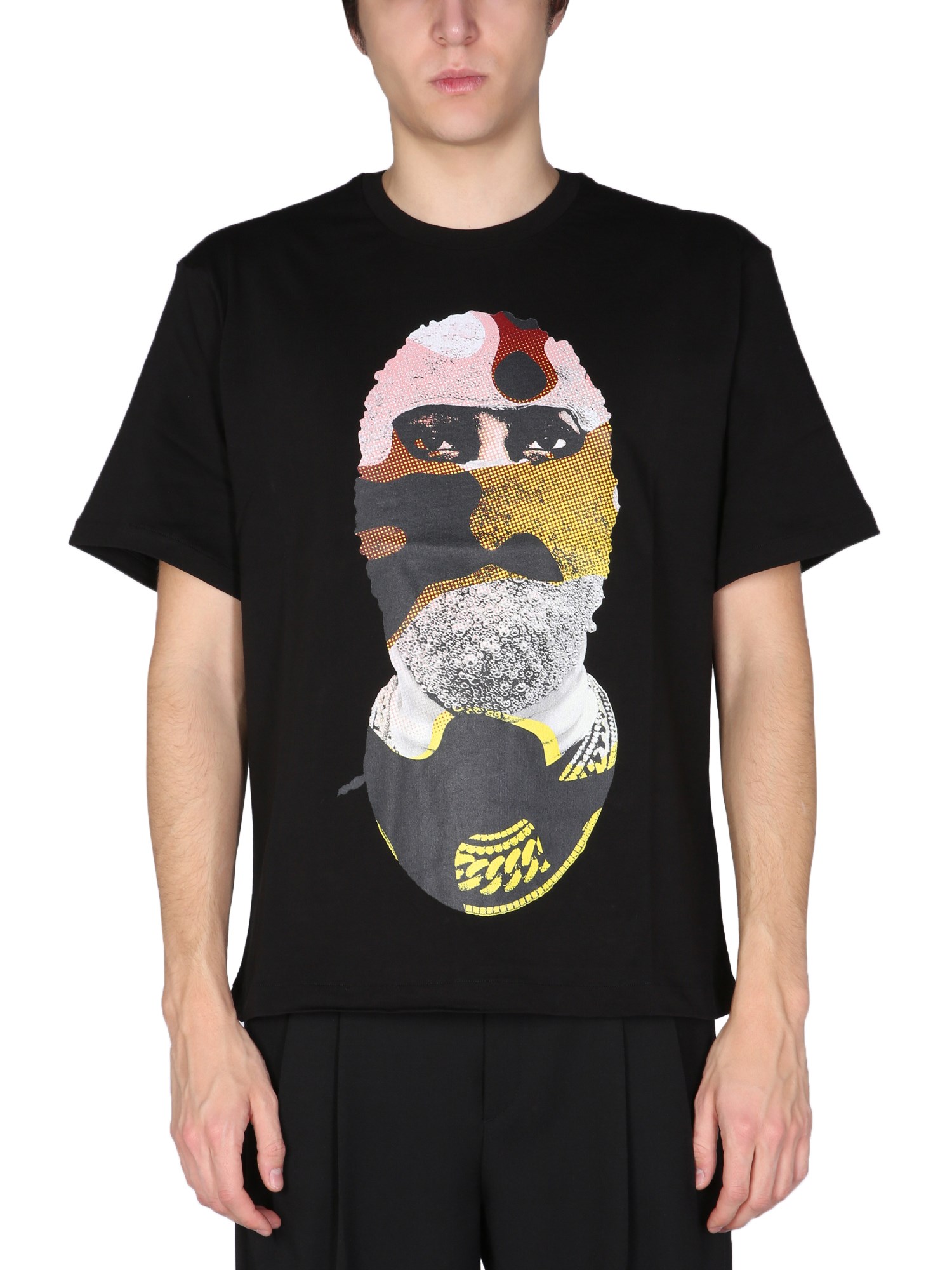 ih nom uh nit t-shirt with "mask on yellow camouflage" print