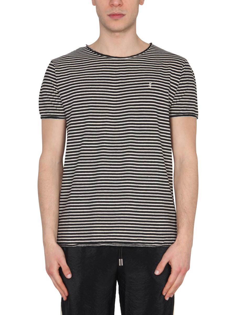 SAINT LAURENT STRIPED MONOGRAM COTTON JERSEY T SHIRT Eleonora Bonucci