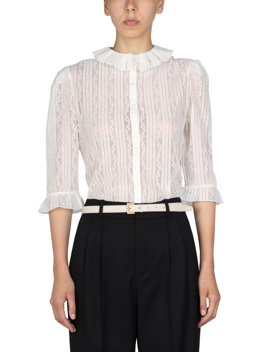 SAINT LAURENT BLUSA CON RUCHE IN PIZZO