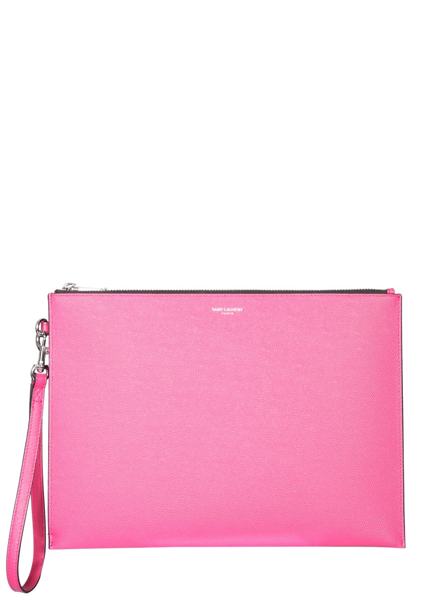 SAINT LAURENT PORTA TABLET CON ZIP IN PELLE GOFFRATA GRAIN DE POUDRE