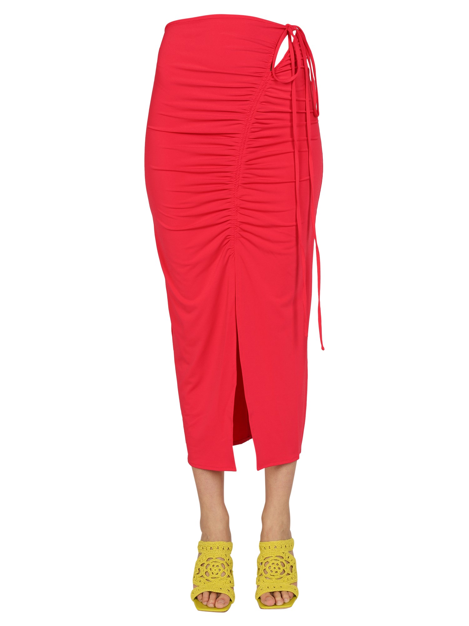Self-portrait Gathered High Waist Midi Skirt In Fuchsia Pink Polyester In Fuchsia