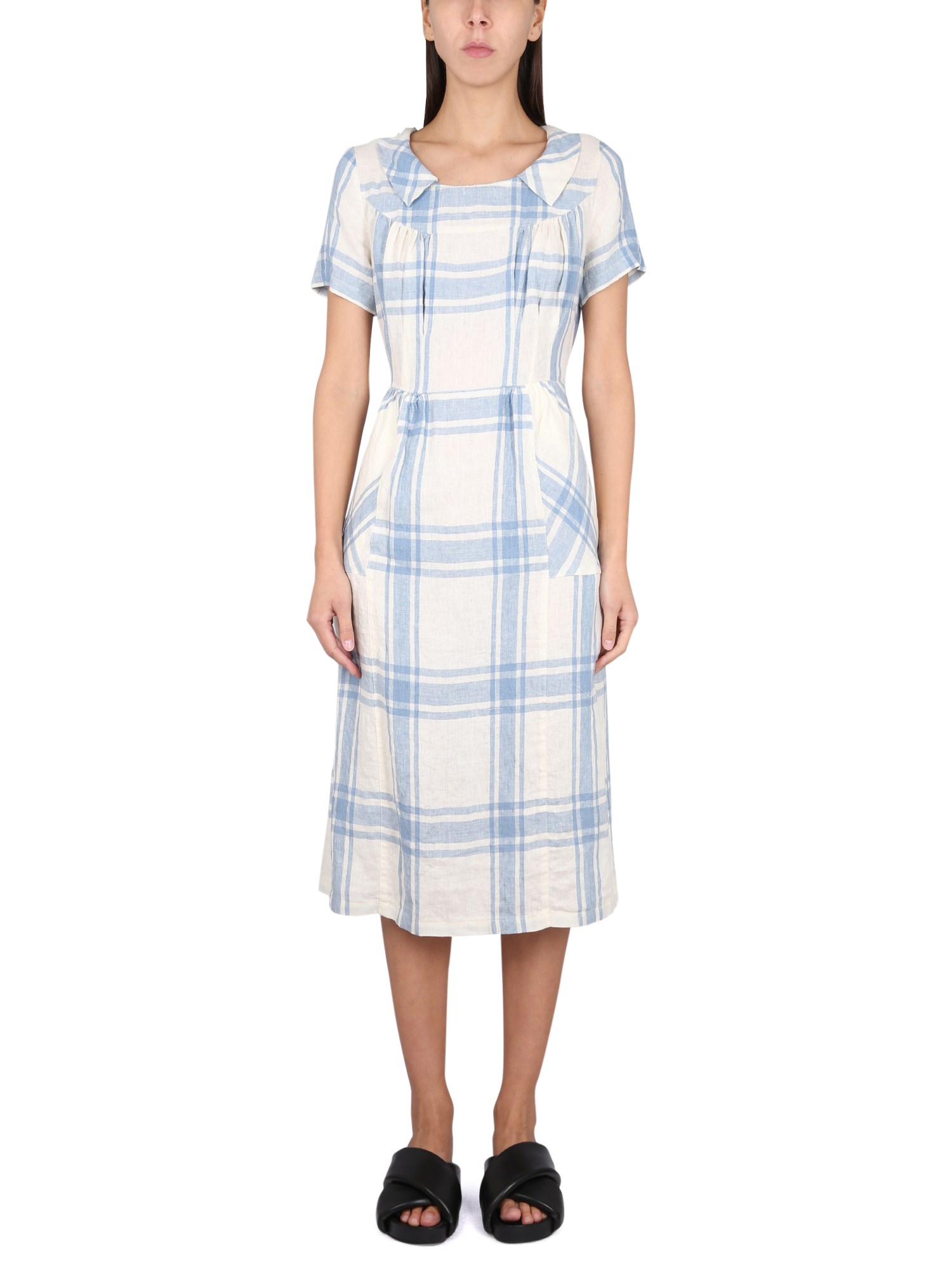 Aspesi Pleated Check Maxi Dress In Azure