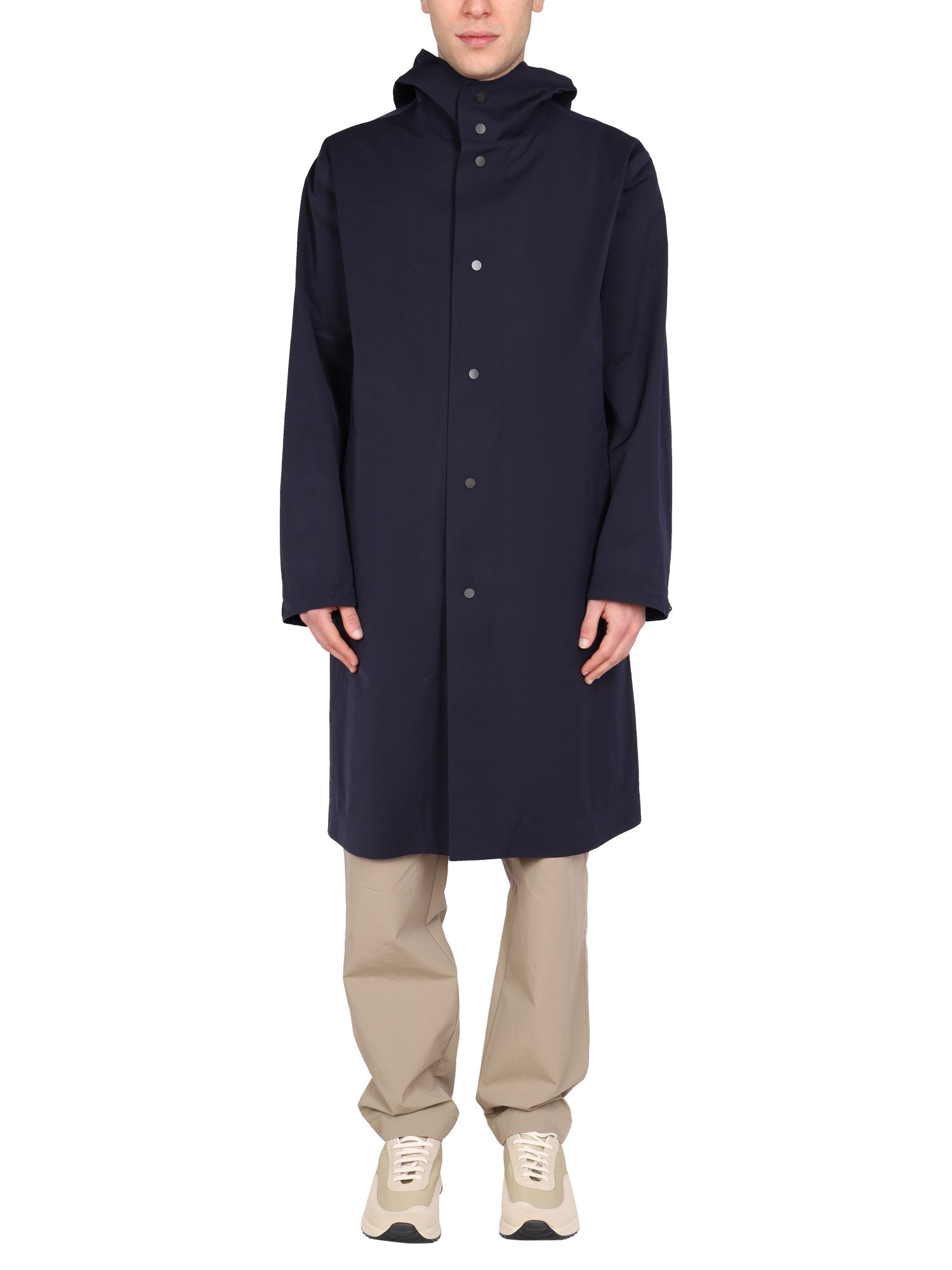 Monobi Hooded Trench Coat With Tall Neck In Blue