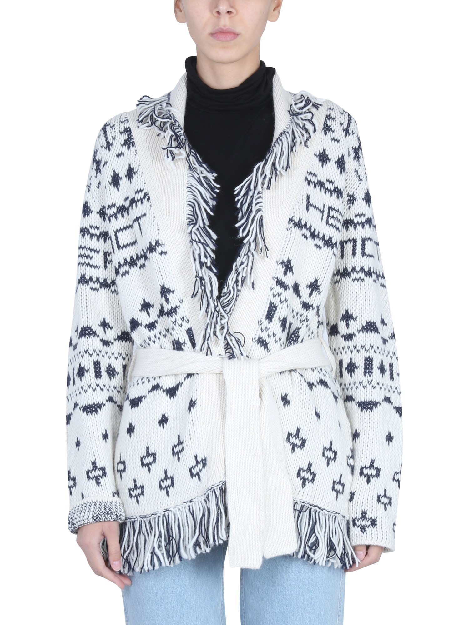 Mother Belted Fringed Jacquard-knit Alpaca-blend Cardigan In Black
