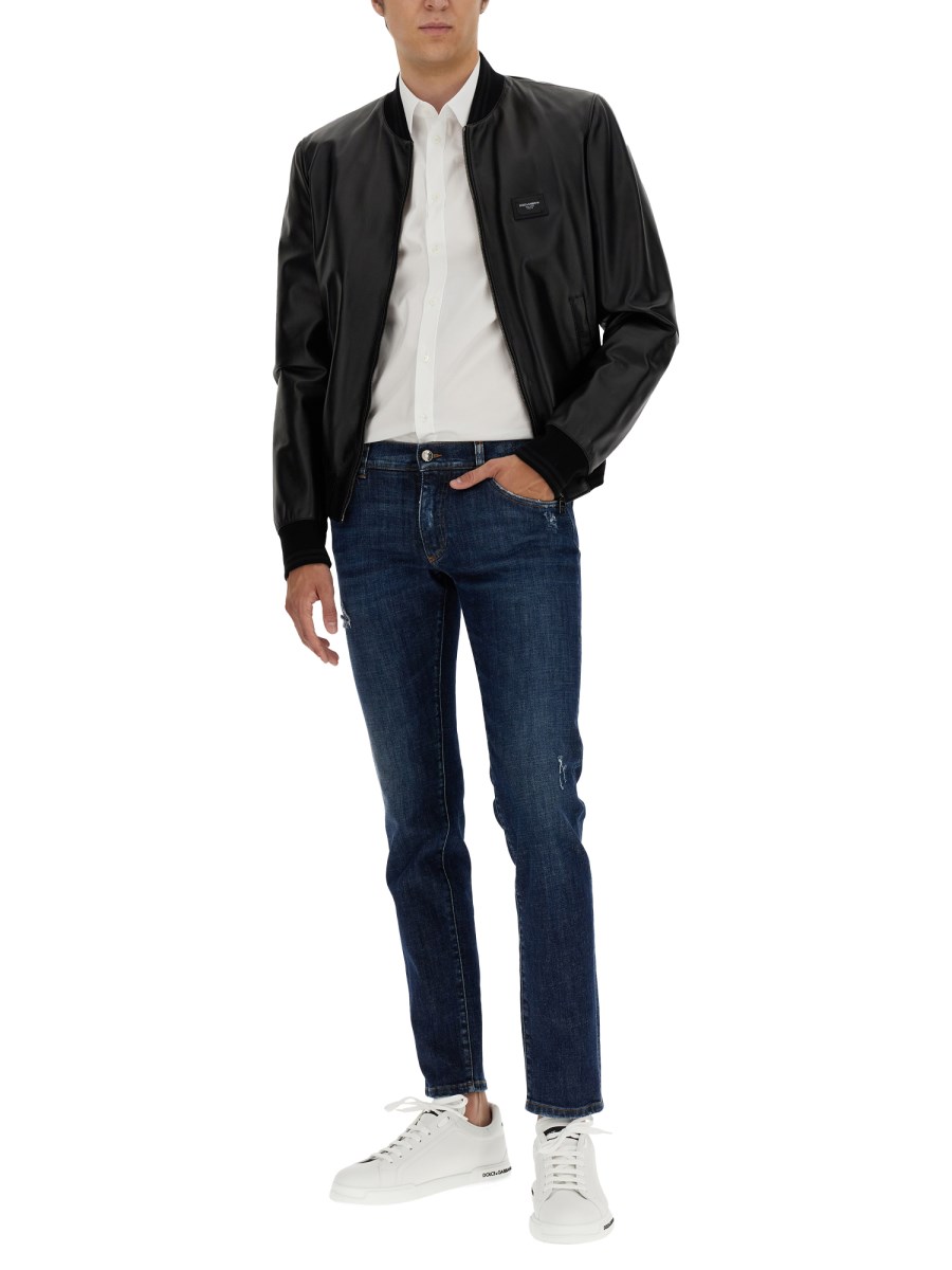 DOLCE & GABBANA - LEATHER JACKET WITH LOGO PLAQUE - Eleonora DOLCE & GABBANA - LEATHER JACKET WITH LOGO PLAQUE - Eleonora