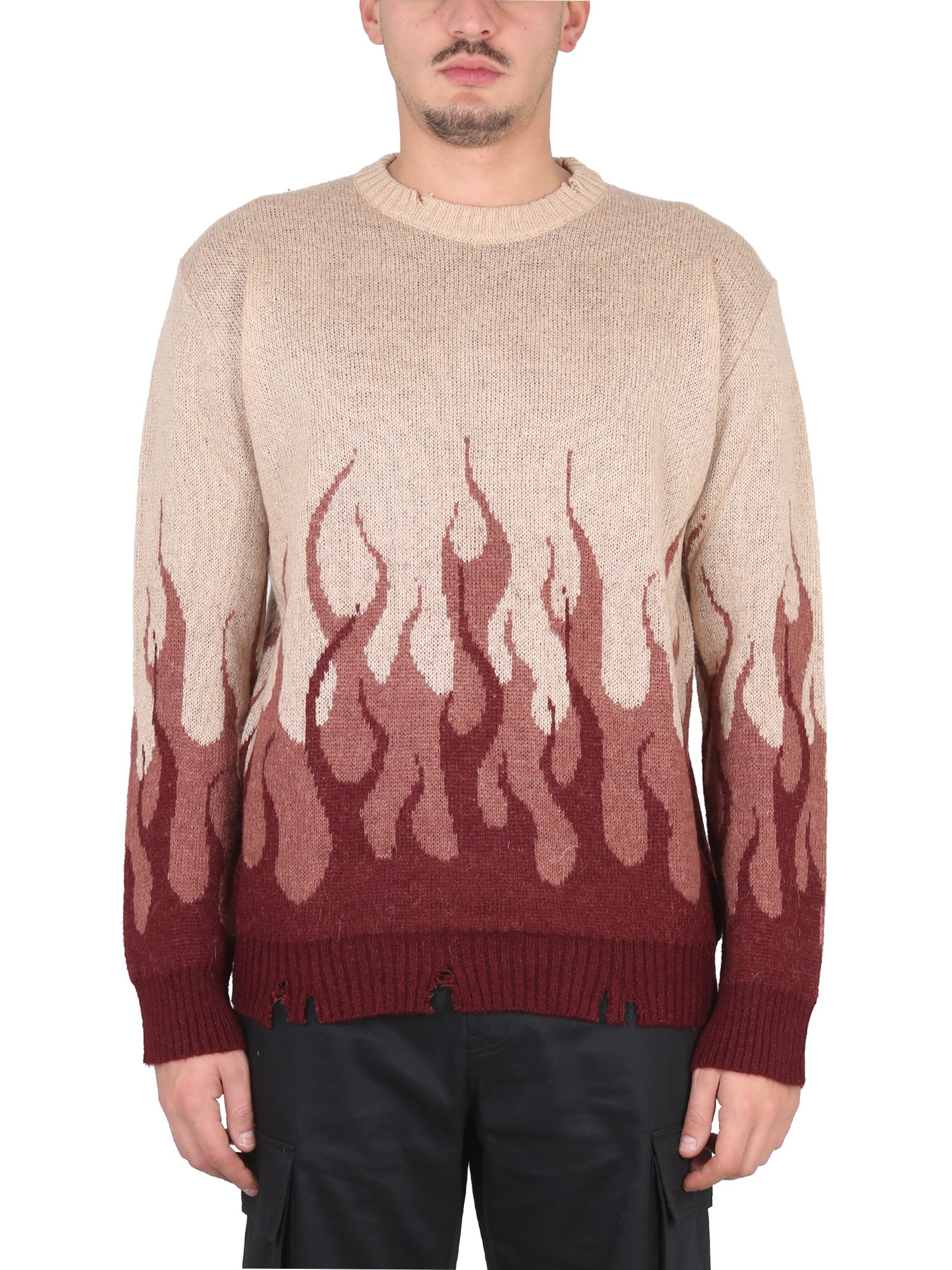Vision Of Super Flame-print Distressed-finish Jumper In Bordeaux