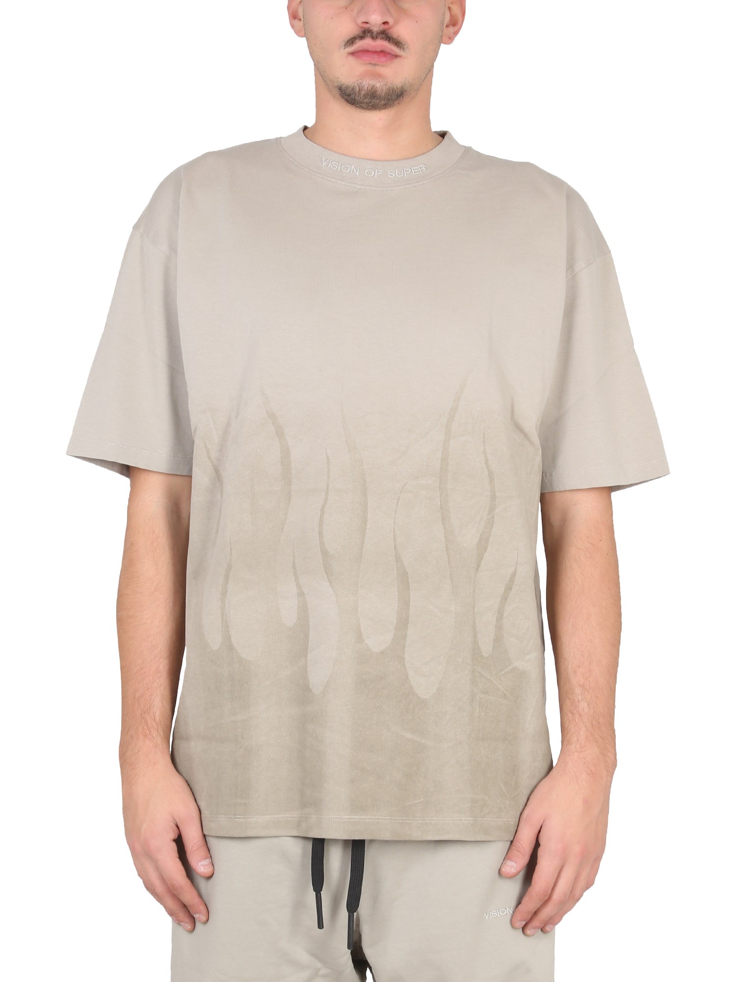 Vision Of Super London Fog T-shirt With Corrosive Flames In Grey