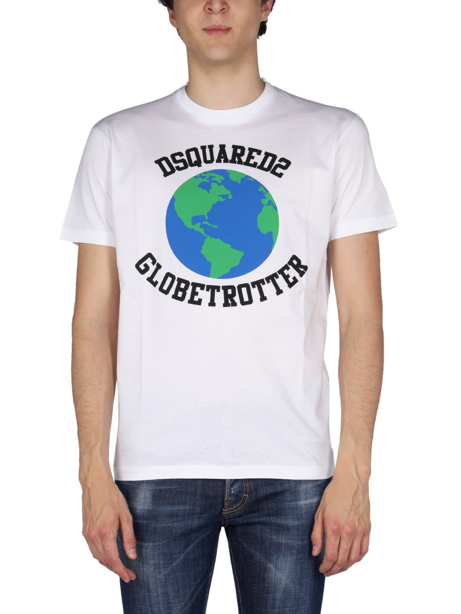 DSQUARED T-SHIRT "GLOBETROTTER" IN COTONE CON STAMPA