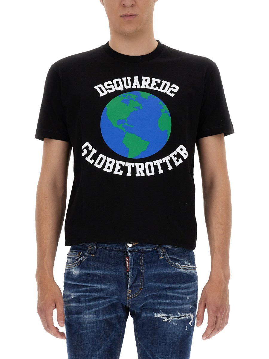 DSQUARED T-SHIRT "GLOBETROTTER" IN COTONE CON STAMPA