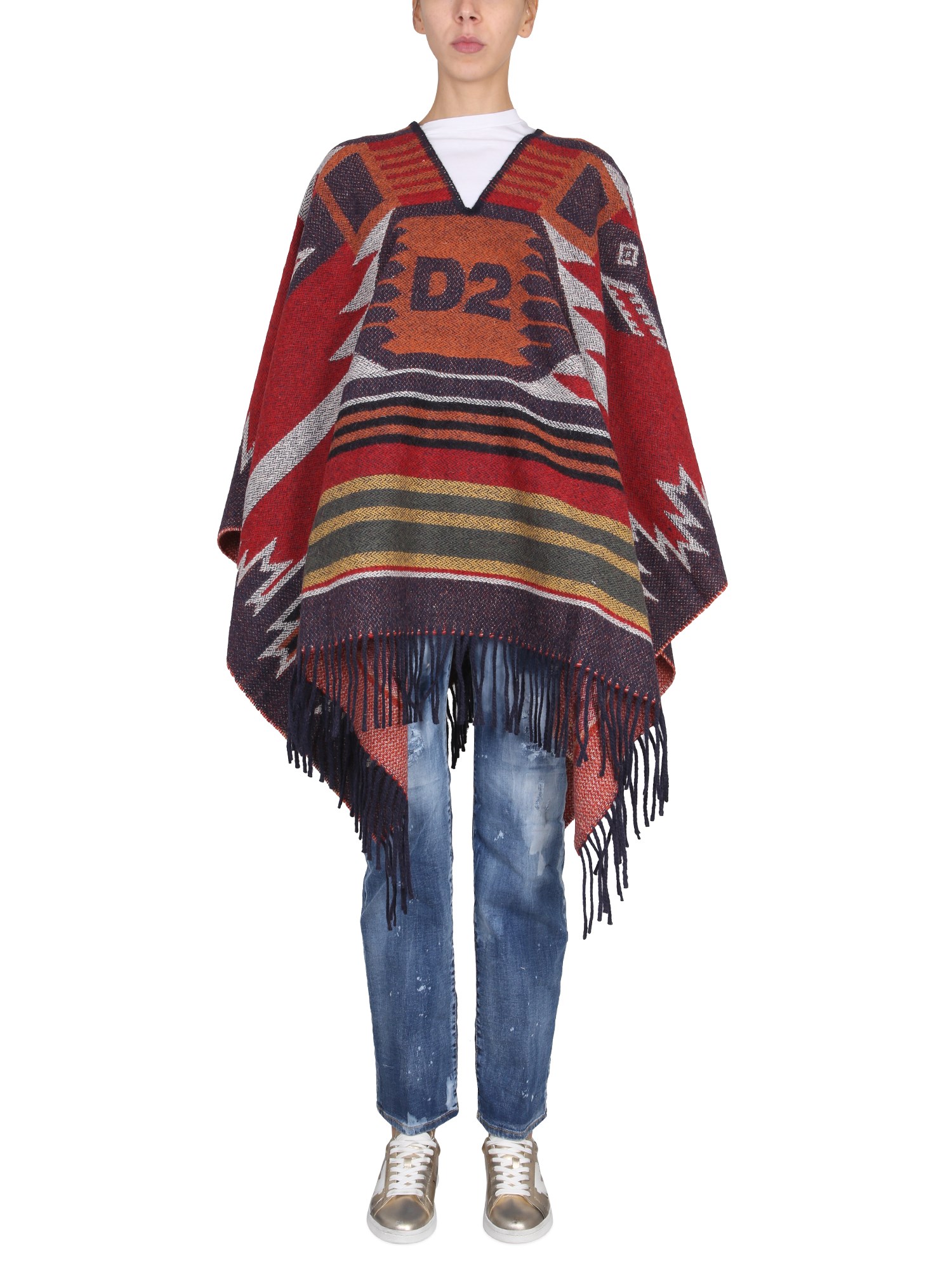 Dsquared2 Fringed Hem V-neck Oversized Cape In Multicolour