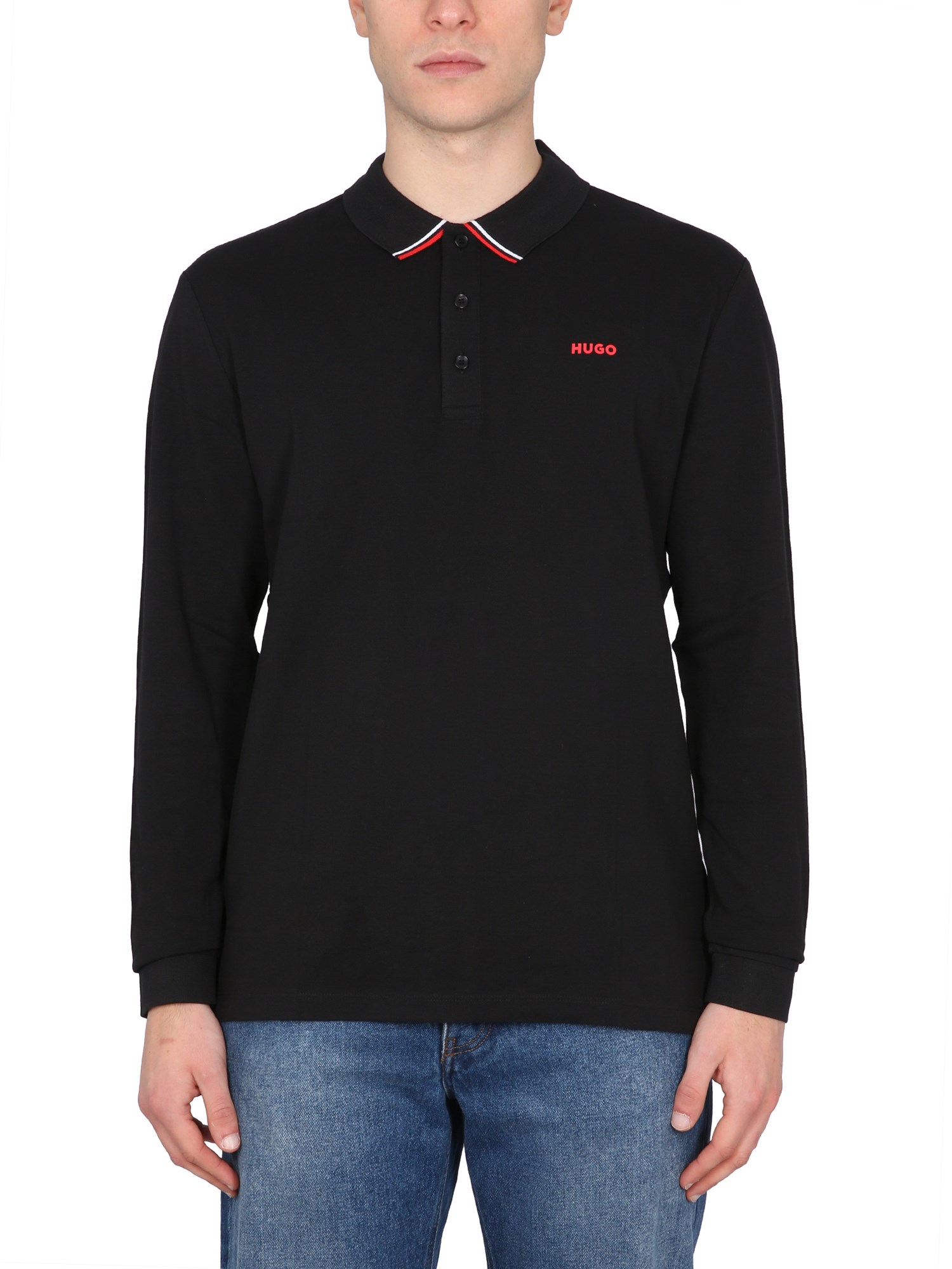 Hugo Cotton-piqu Polo Shirt With Stripes And Logo In Black