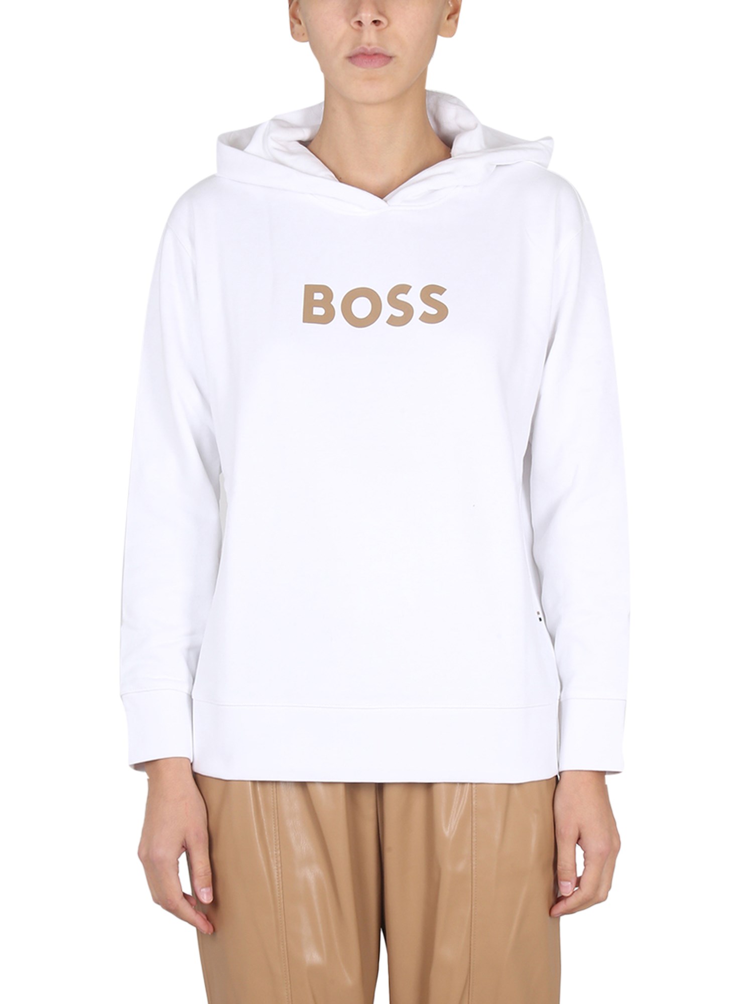 Hugo Boss Cotton-blend Hooded Sweatshirt With Logo Print In White