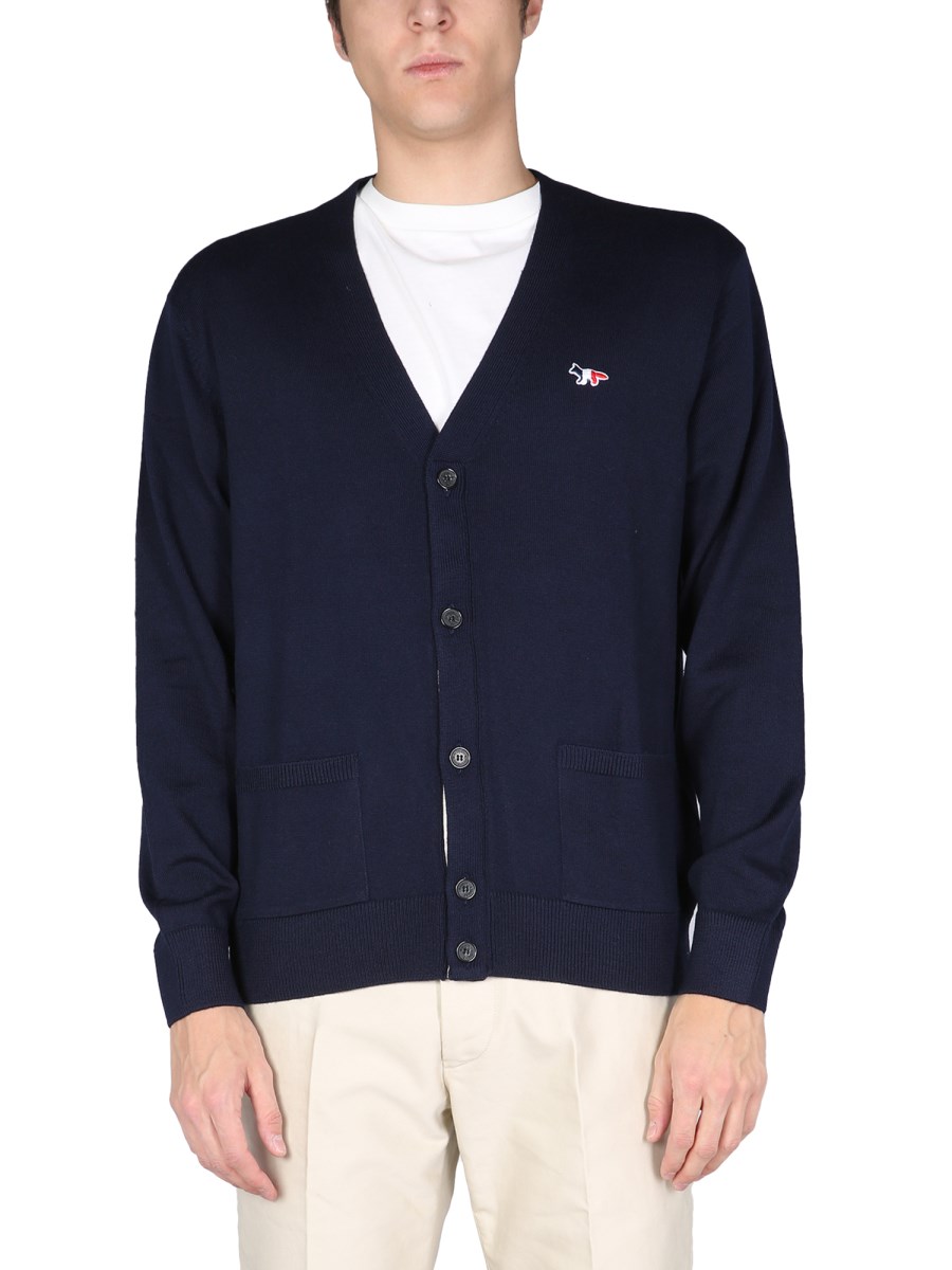 MAISON KITSUNÉ - MERINO WOOL V-NECK CARDIGAN WITH TRICOLOR FOX