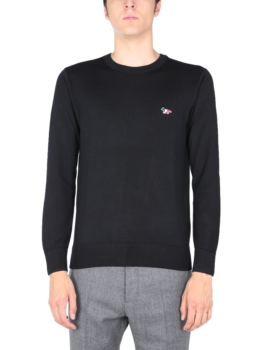 MAISON KITSUNE WOOL CREW NECK SWEATER WITH TRICOLOR FOX PATCH Eleonora Bonucci