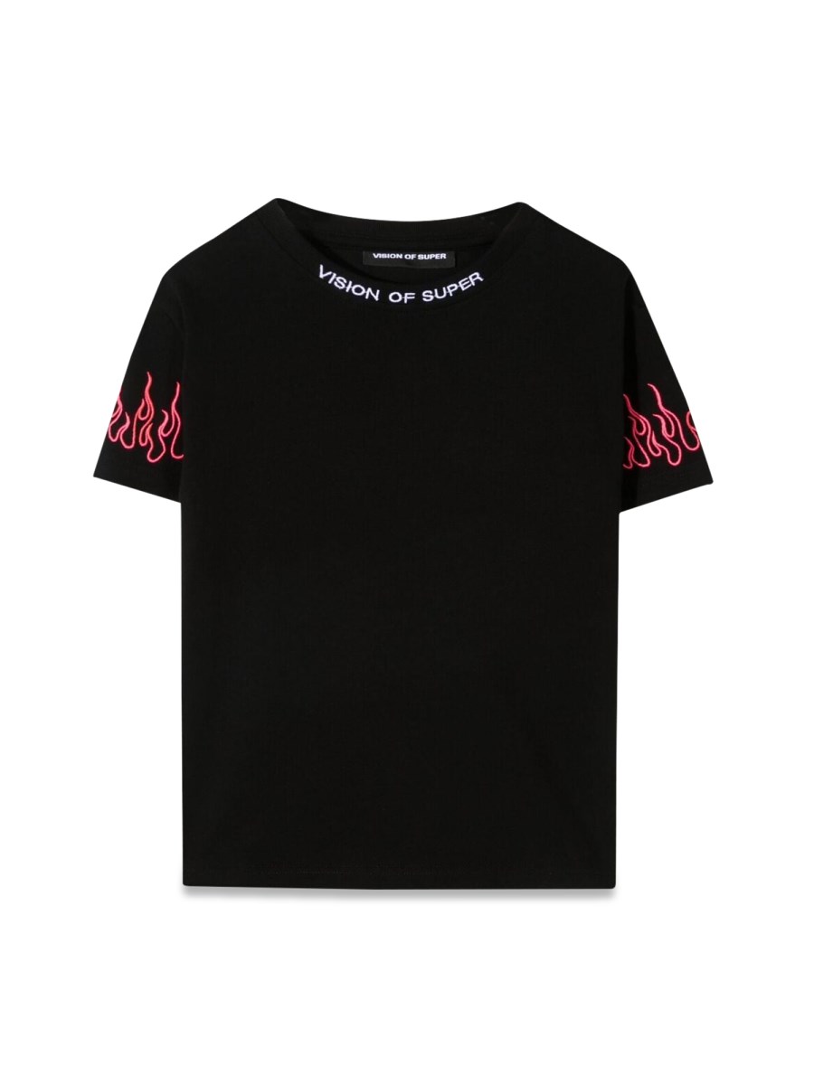 BLACK TSHIRT EMBROIDERED FUCSIA FLAME