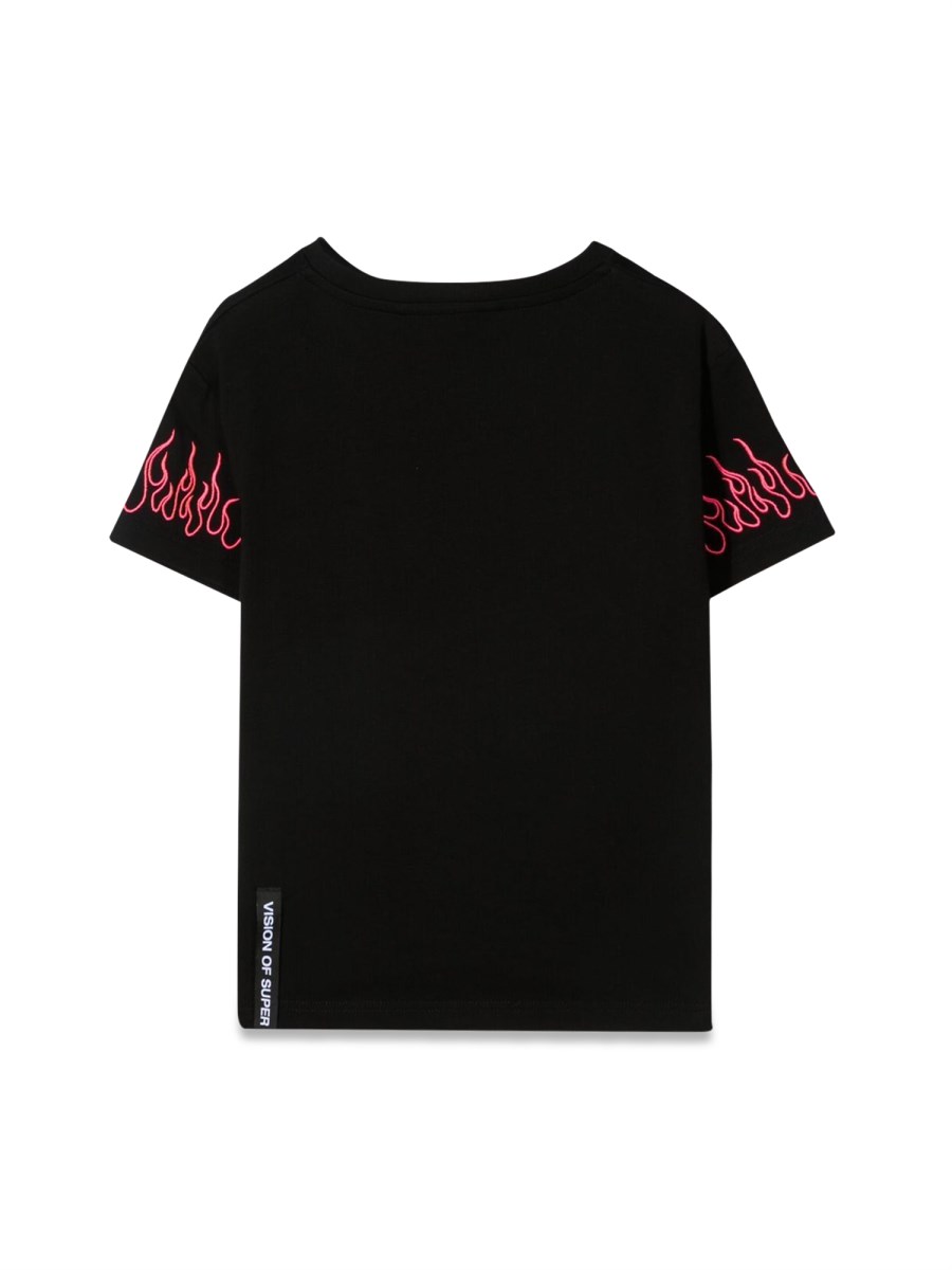 BLACK TSHIRT EMBROIDERED FUCSIA FLAME