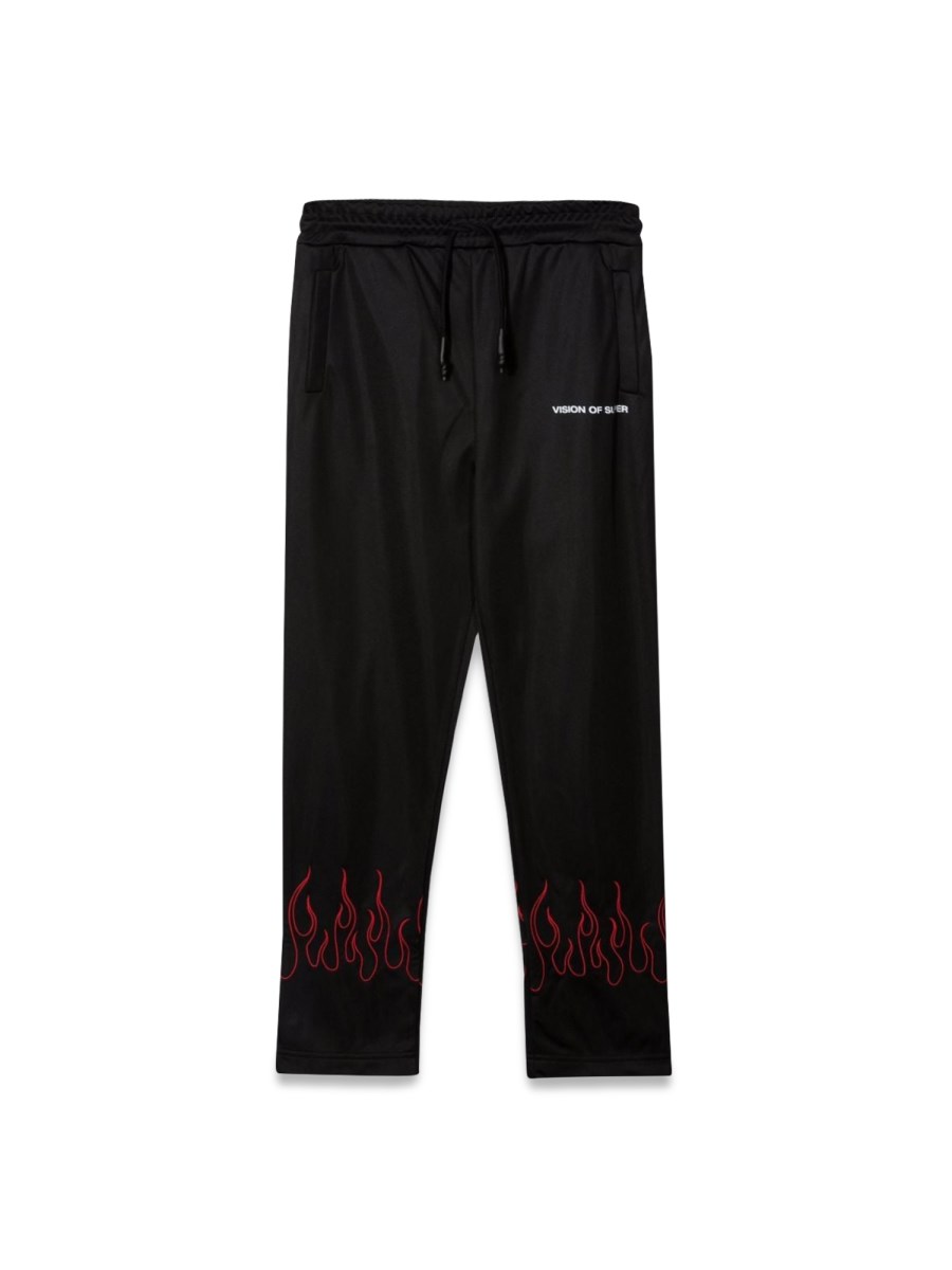 BLACK PANTS WITH RED EMBROIDERED FLAMES