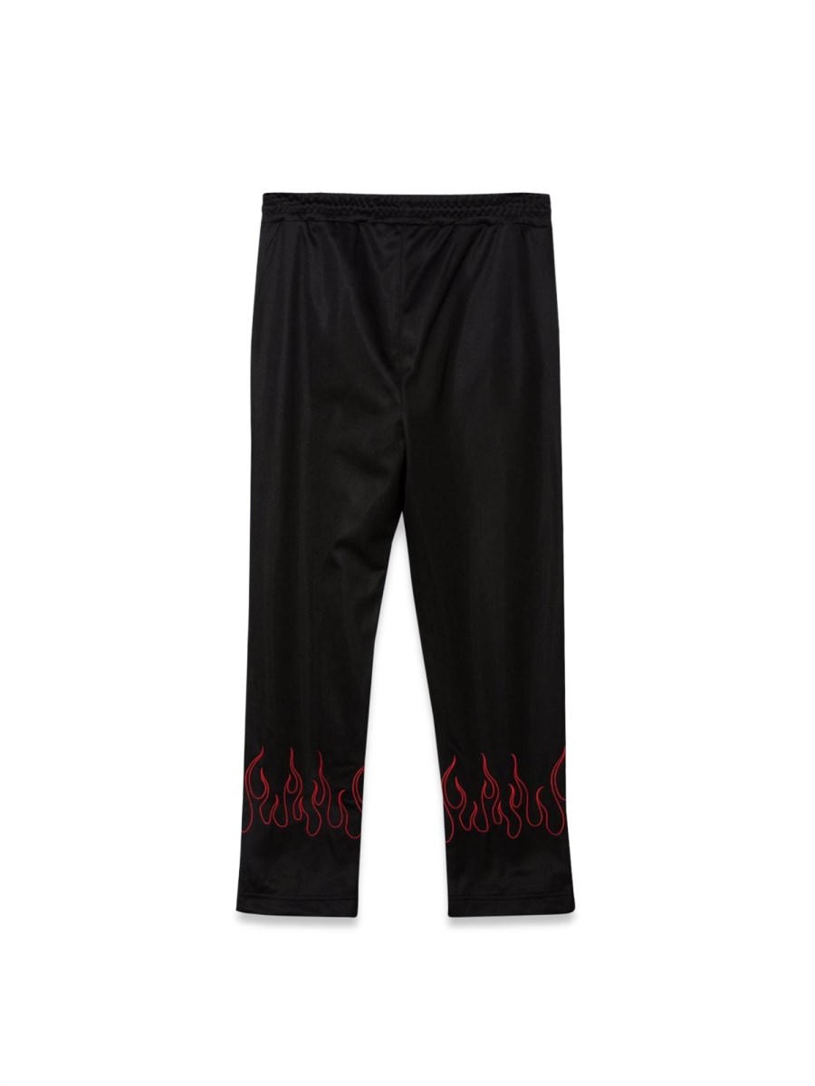 BLACK PANTS WITH RED EMBROIDERED FLAMES