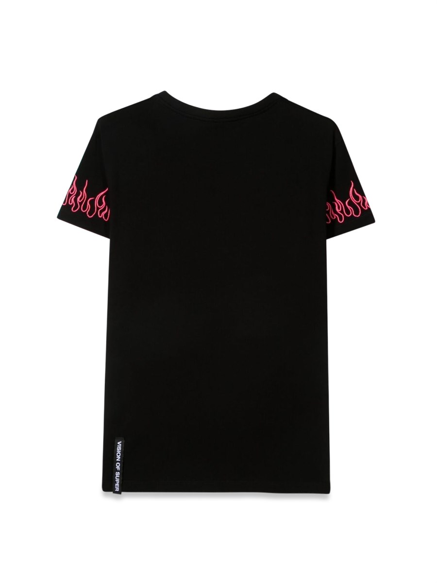 BLACK TSHIRT EMBROIDERED FUCSIA FLAME