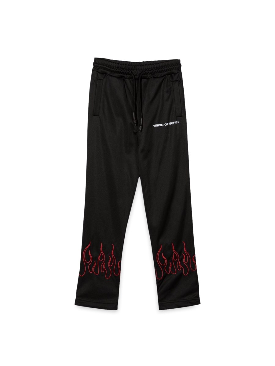 BLACK PANTS WITH RED EMBROIDERED FLAMES