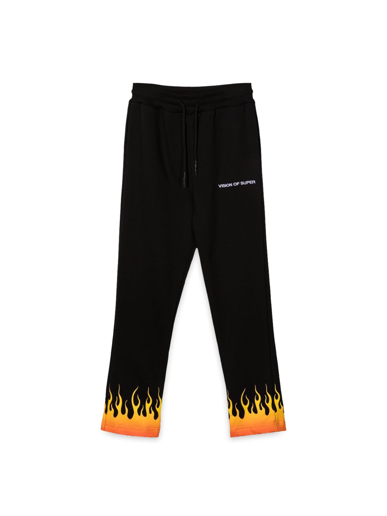 vision of super black pants with red shaded flames