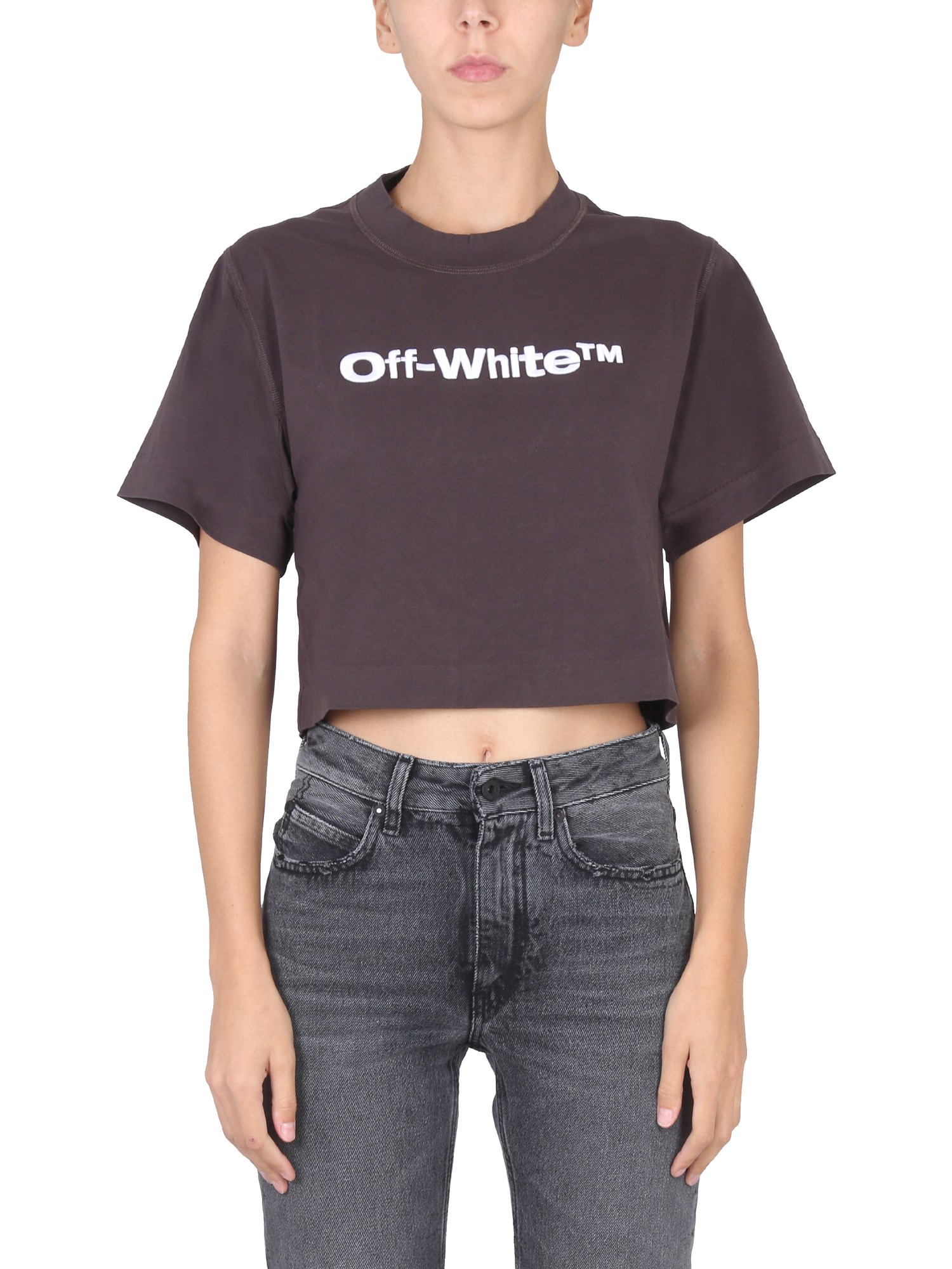Off-white Cropped Fit T-shirt With Embroidered Logo In Grey