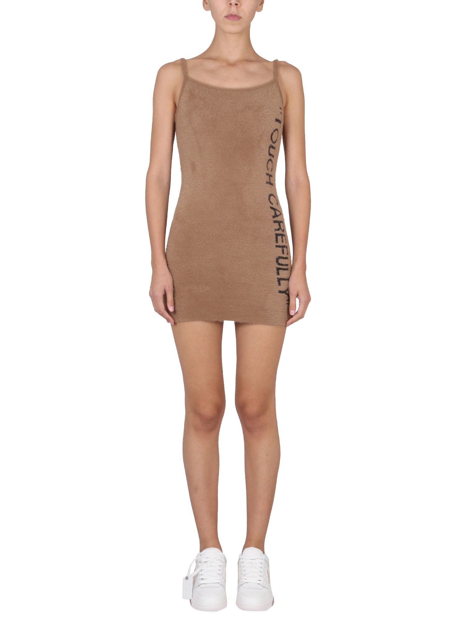 Shop Off-white Fuzzy Dress With Logo In Beige