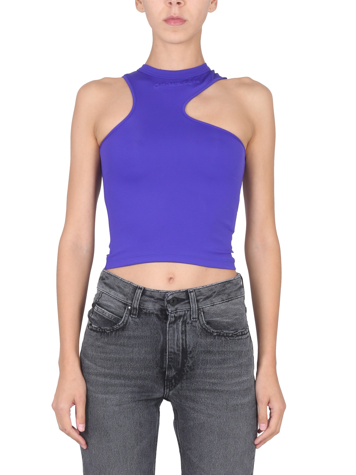 Off-white Asymmetric Cropped Top Logo Embossed In Purple