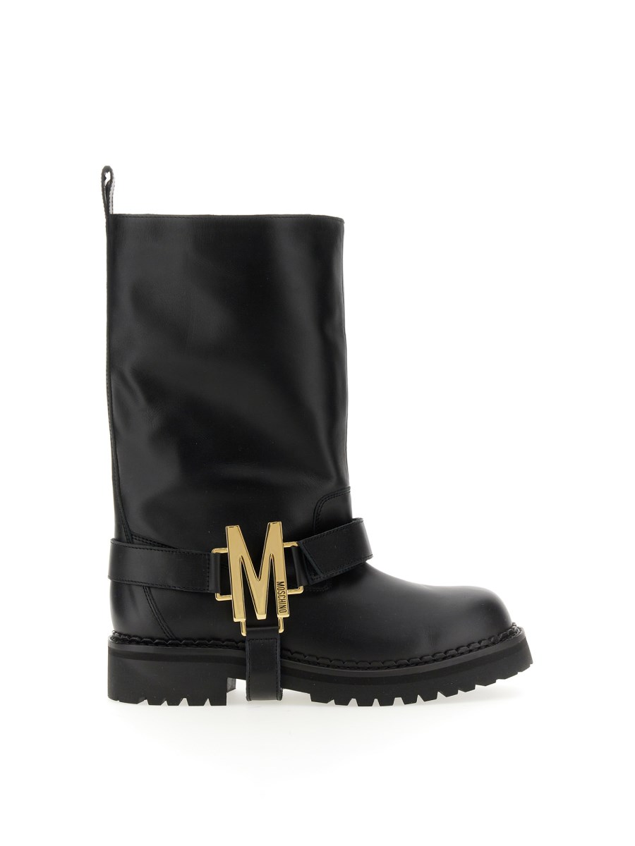 Moschino logo-lettering leather boots - Black