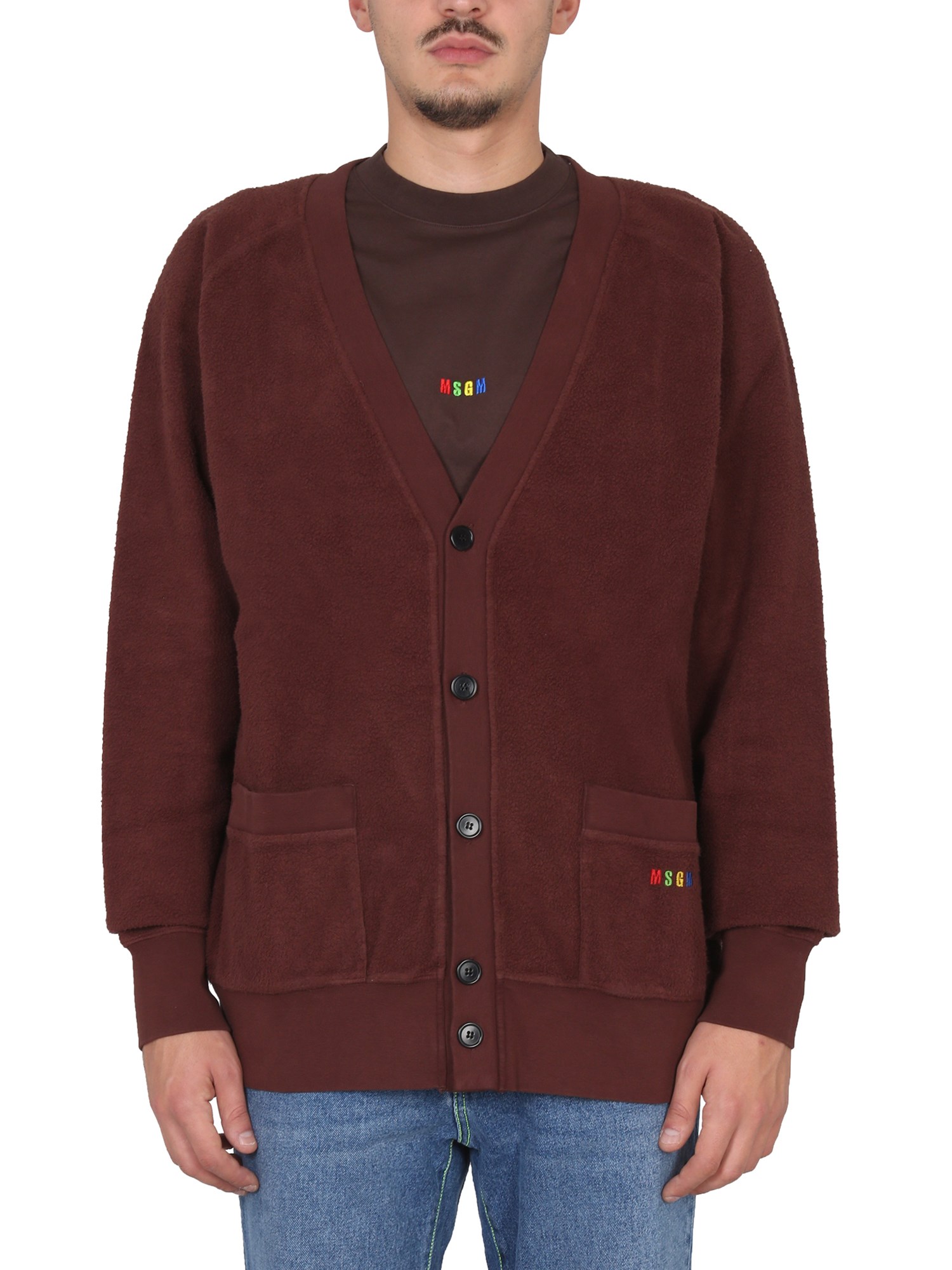 Msgm Classic V-neck Cardigan With Ribbed Accents In Brown