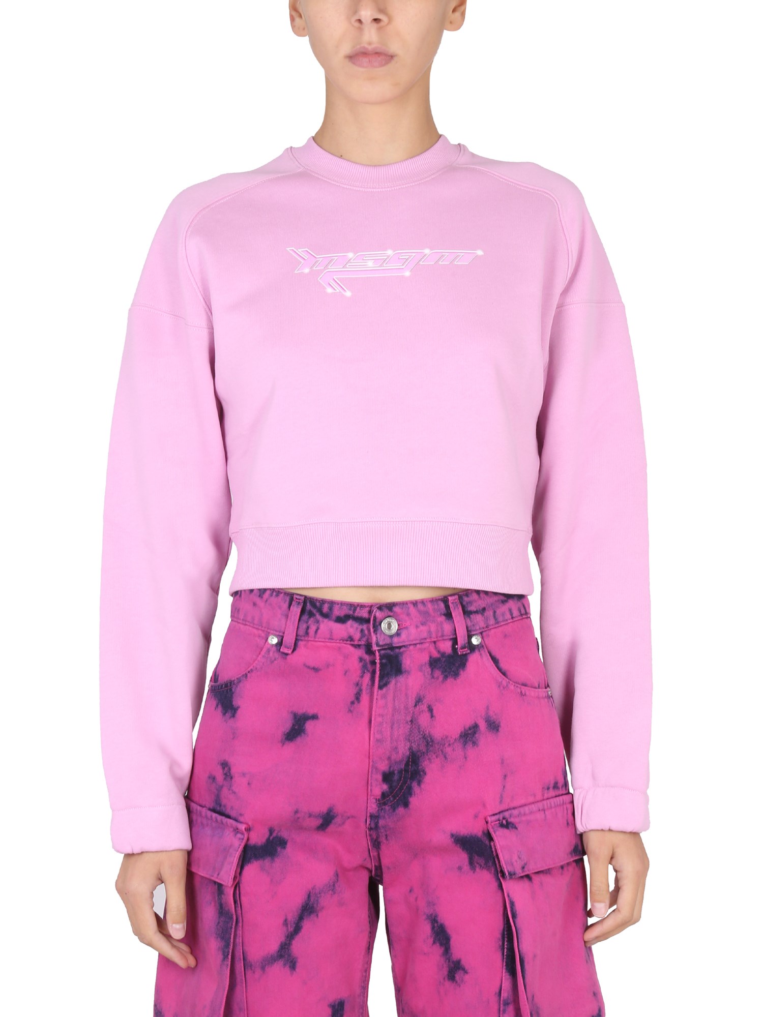 Msgm Cropped Knitwear Logo Cross-neck In Pink