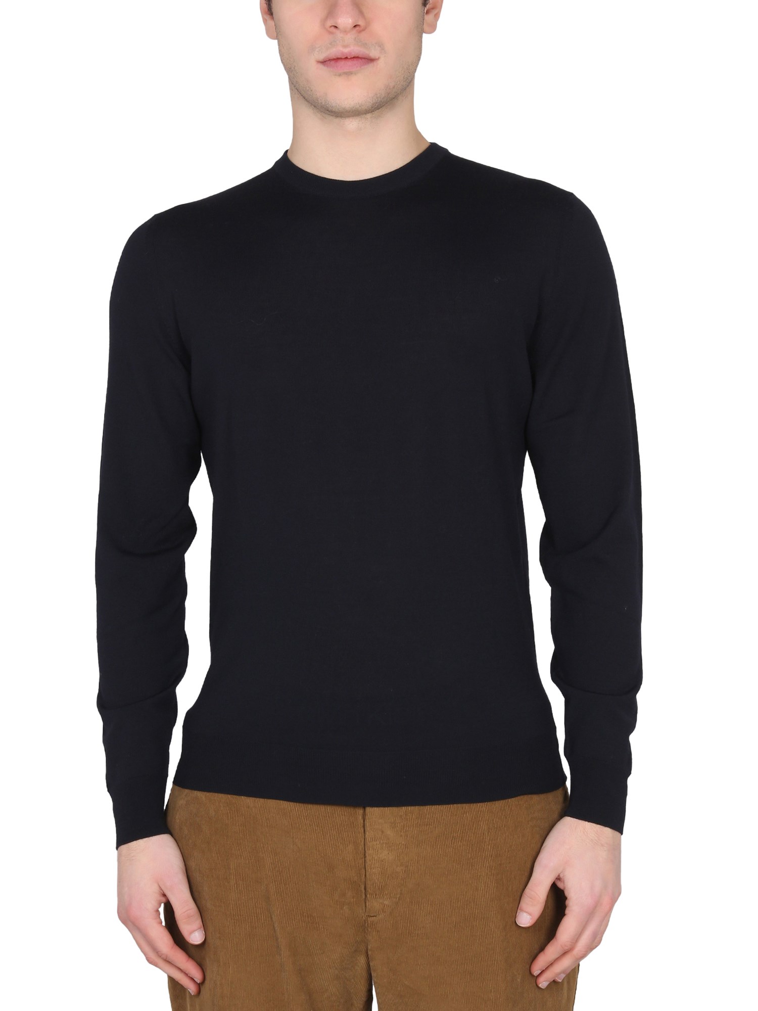 Drumohr Tailored Cross-neck Wool Jersey With Ribbed Collar In Blue