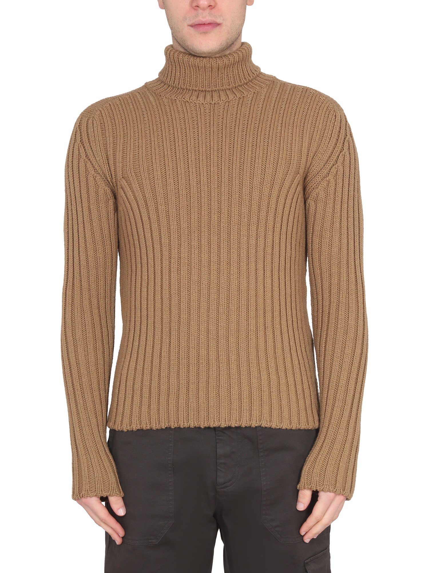 Ten C Ribbed Turtleneck Sweater Long Sleeves In Beige