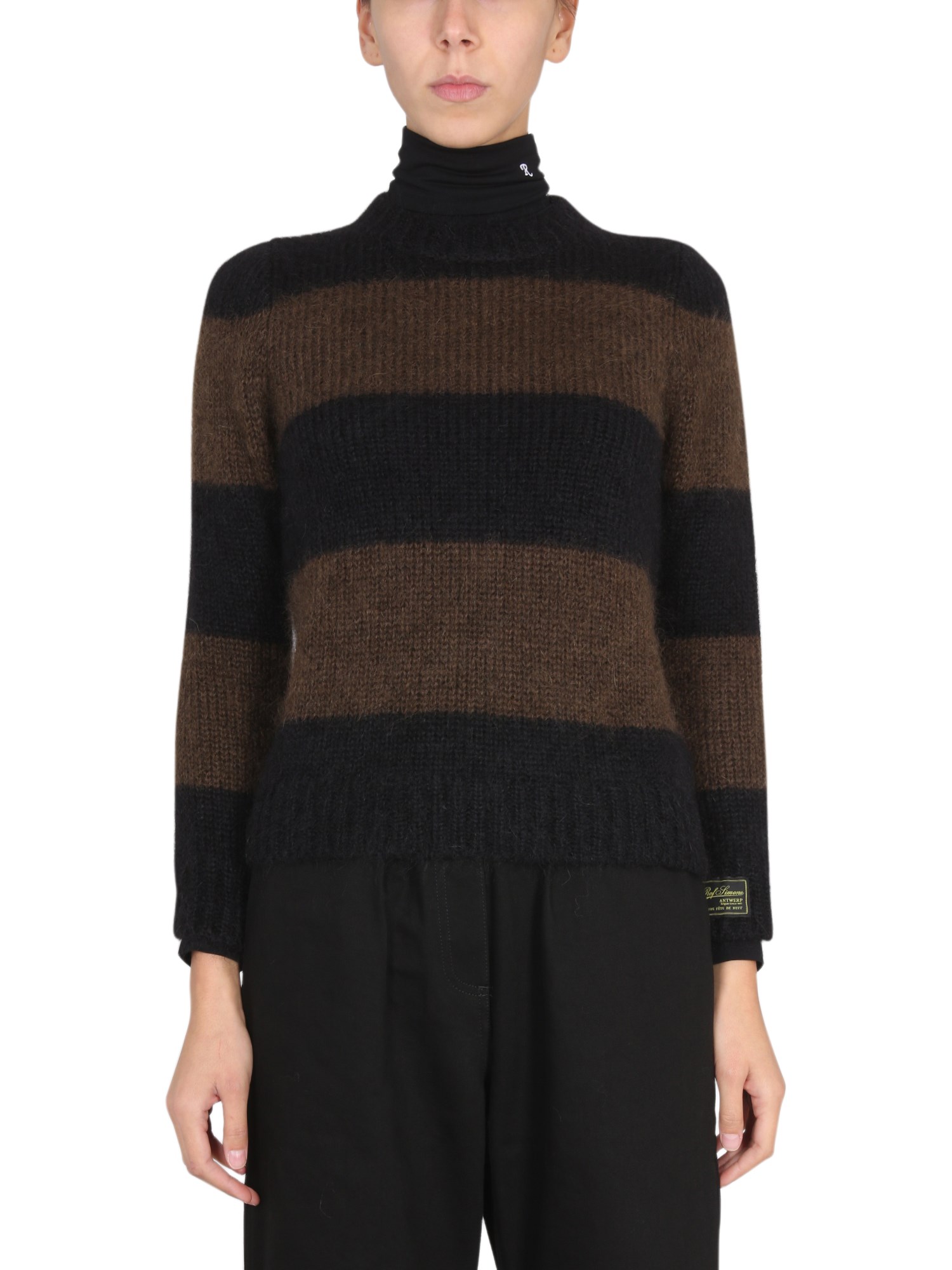 Shop Raf Simons Striped Crew Neck Sweater In Brown