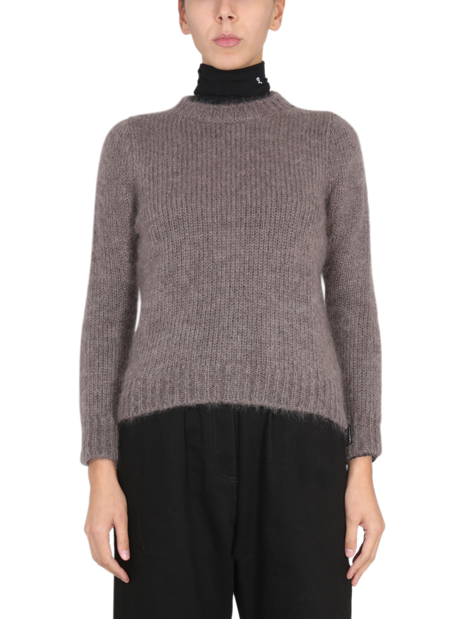 Raf Simons Mohair Crewneck Sweater With Patch Logo In Dove