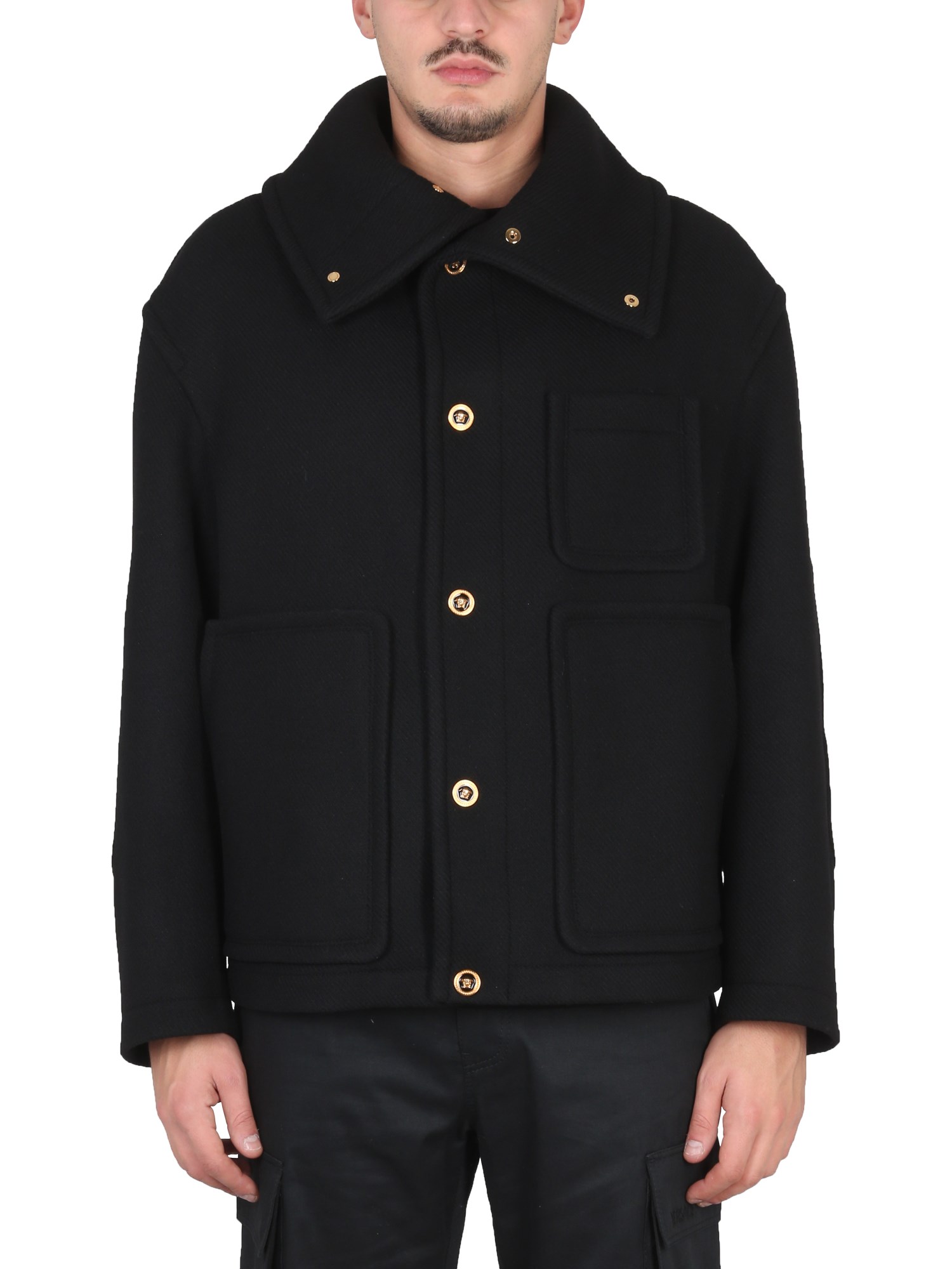 Shop Versace Medusa Wool Blouse Jacket In Black