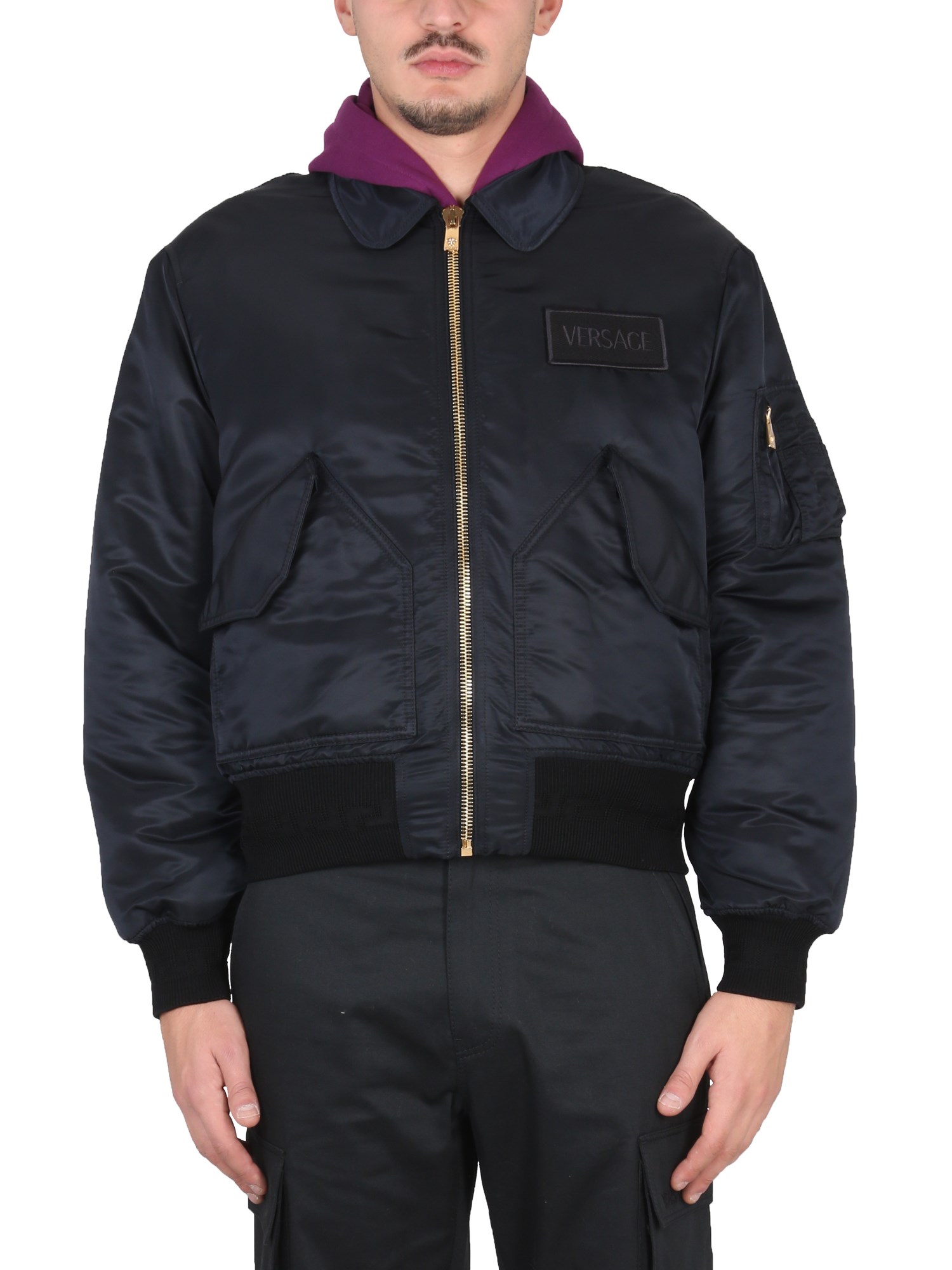 Versace Men's Bomber Jacket With Applied Logo In Black