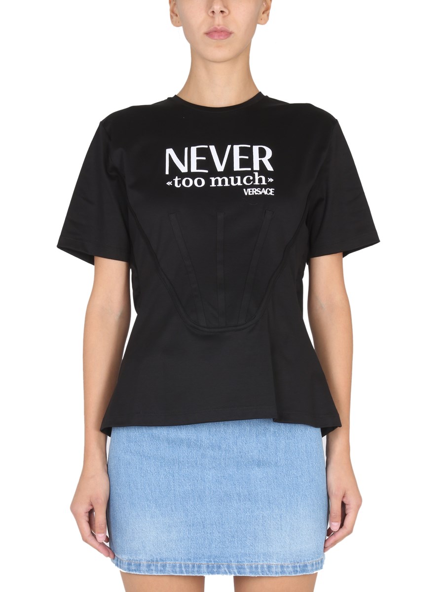 VERSACE T-SHIRT CON CORSETTO "NEVER TOO MUCH" IN JERSEY DI COTONE