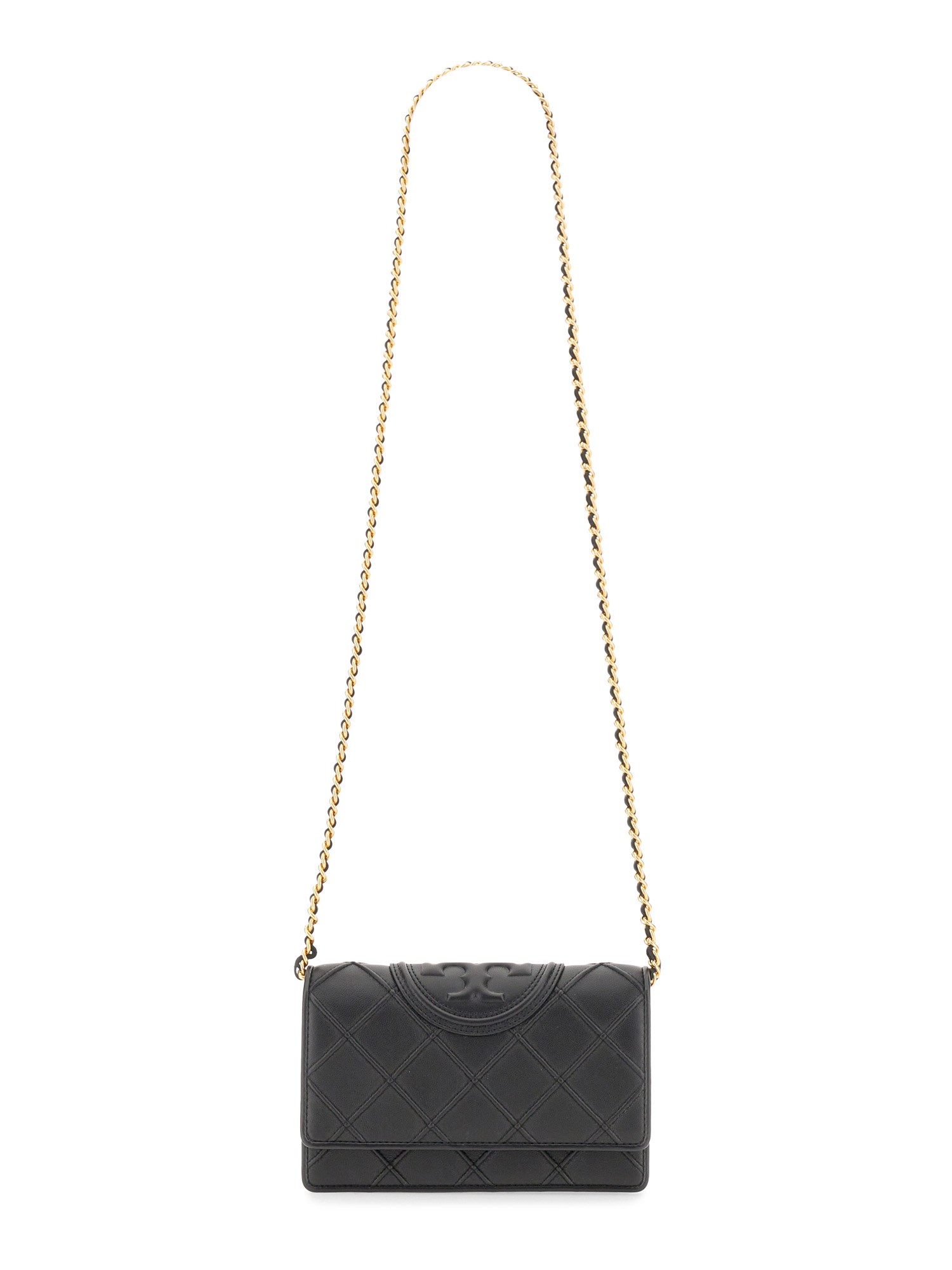 Tory Burch Stitched Leather Shoulder Bag With Embossed Logo In Black