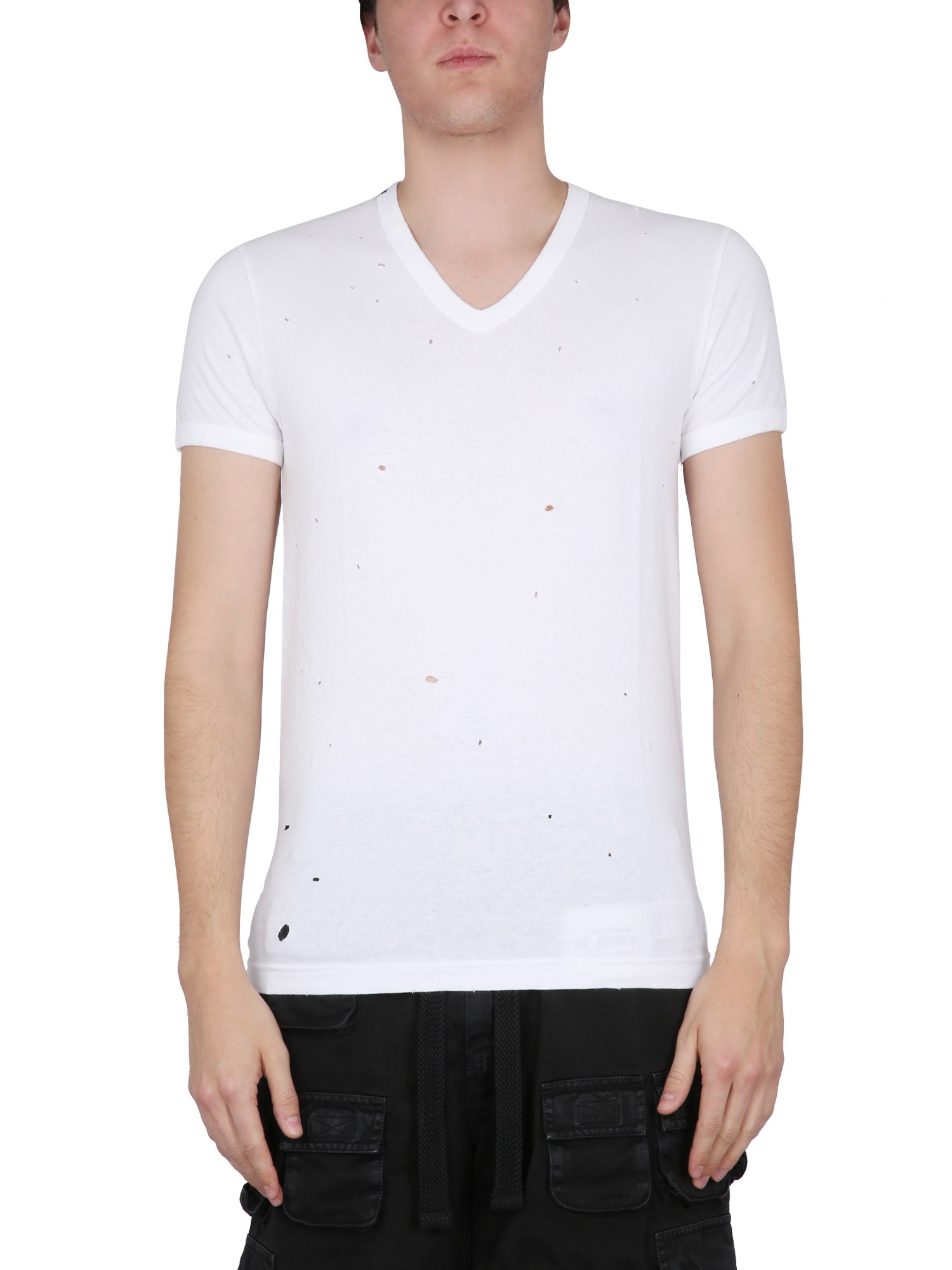 Dolce & Gabbana Destroyed Cotton V Neck T-shirt In White