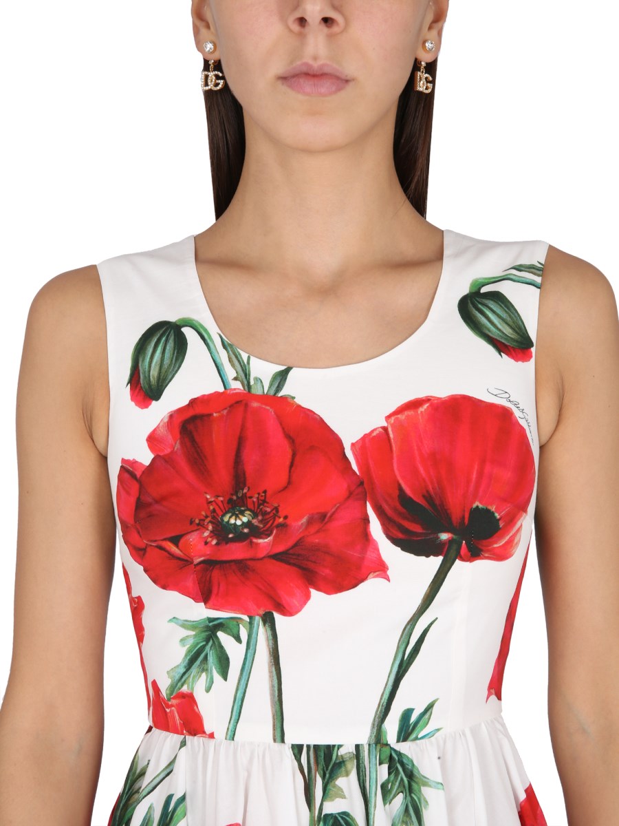 DOLCE & GABBANA - POPLIN MIDI DRESS WITH POPPY PRINT - Eleonora