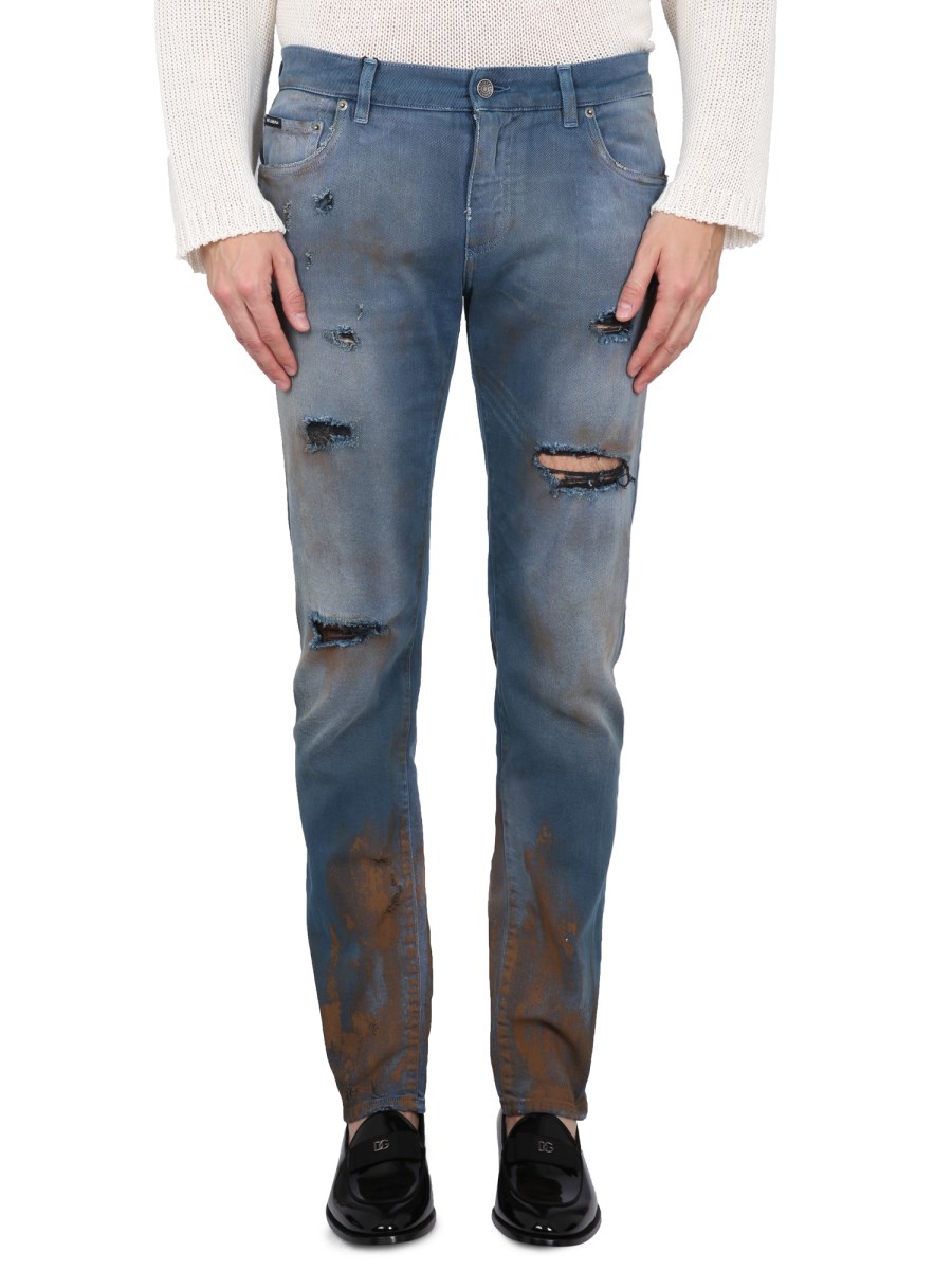 DOLCE & GABBANA JEANS SKINNY FIT IN DENIM DI COTONE CON PLACCA LOGATA