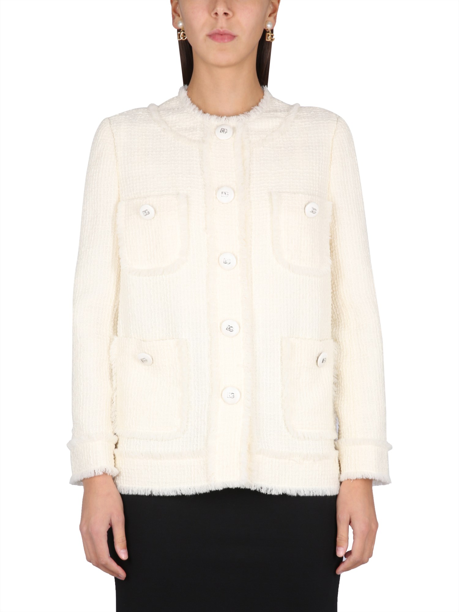 Dolce & Gabbana White Tweed Jacket With Logo Buttons In White