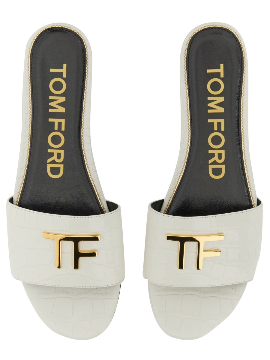 TOM FORD - LEATHER SLIDE SANDAL WITH COCONUT PRINT AND LOGO - Eleonora  Bonucci