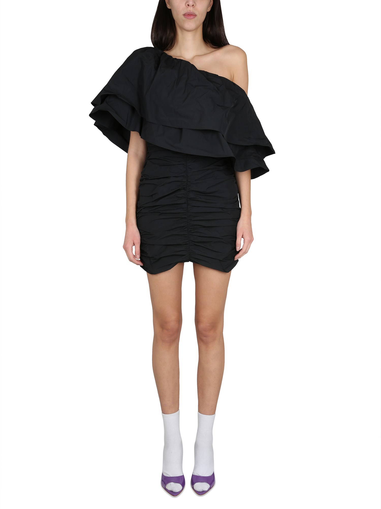 Rotate Birger Christensen Taft One-shoulder Ruffled Taffeta Mini Dress In Black
