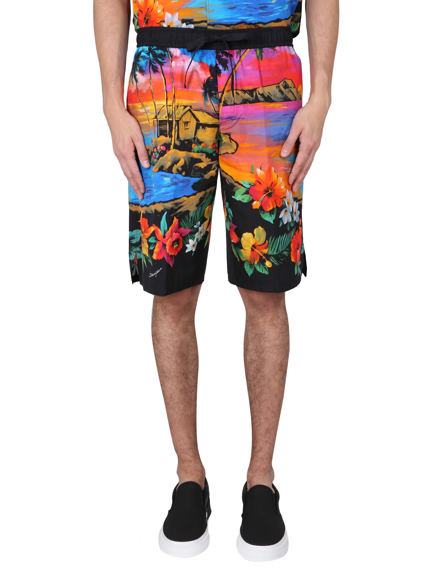 Shop Dolce & Gabbana Bermuda Shorts With Sunset Print In Multicolour