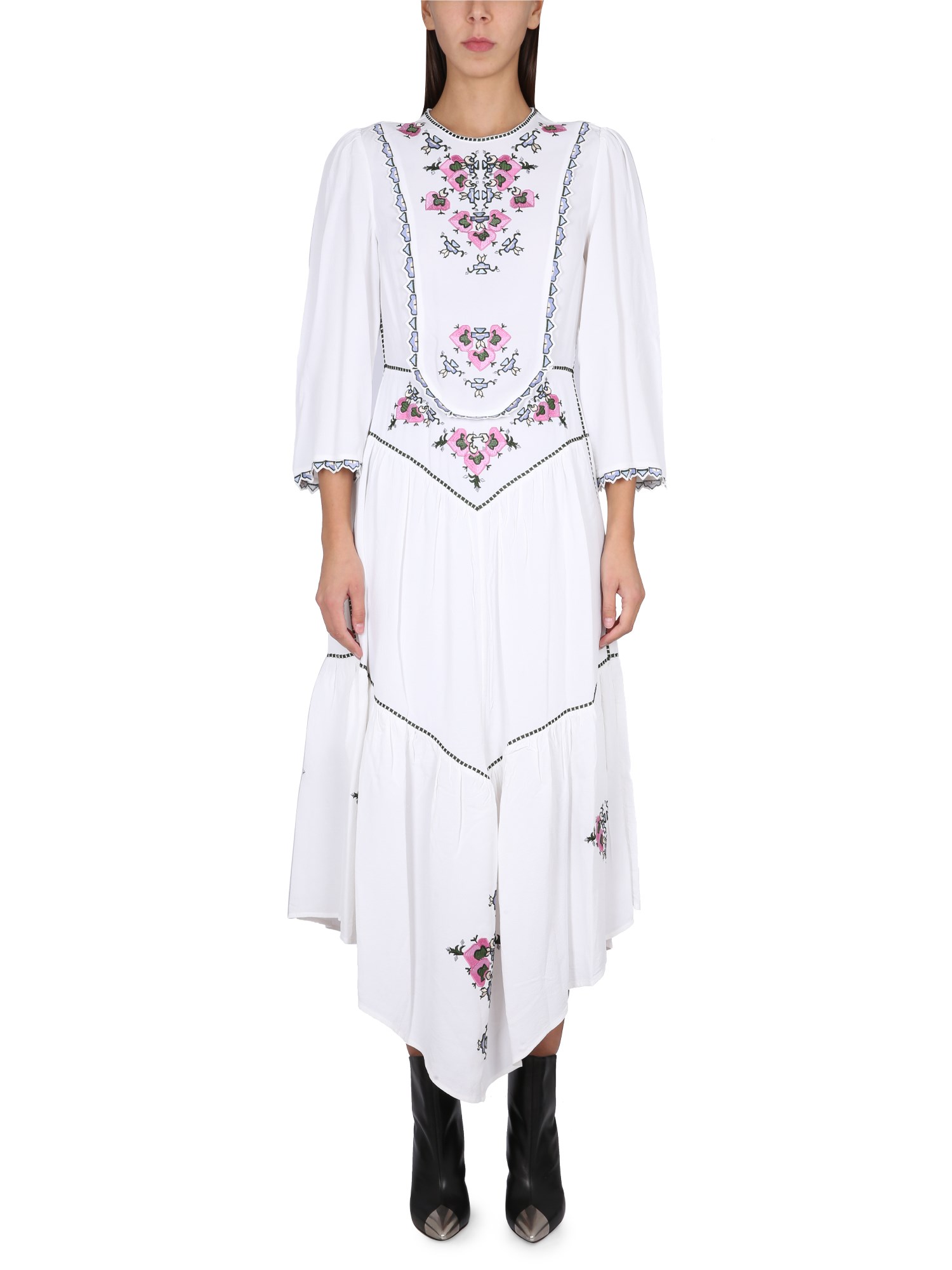 Isabel Marant Sonia Asymmetric Pleated Embroidered Crepe De Chine Midi Dress In White