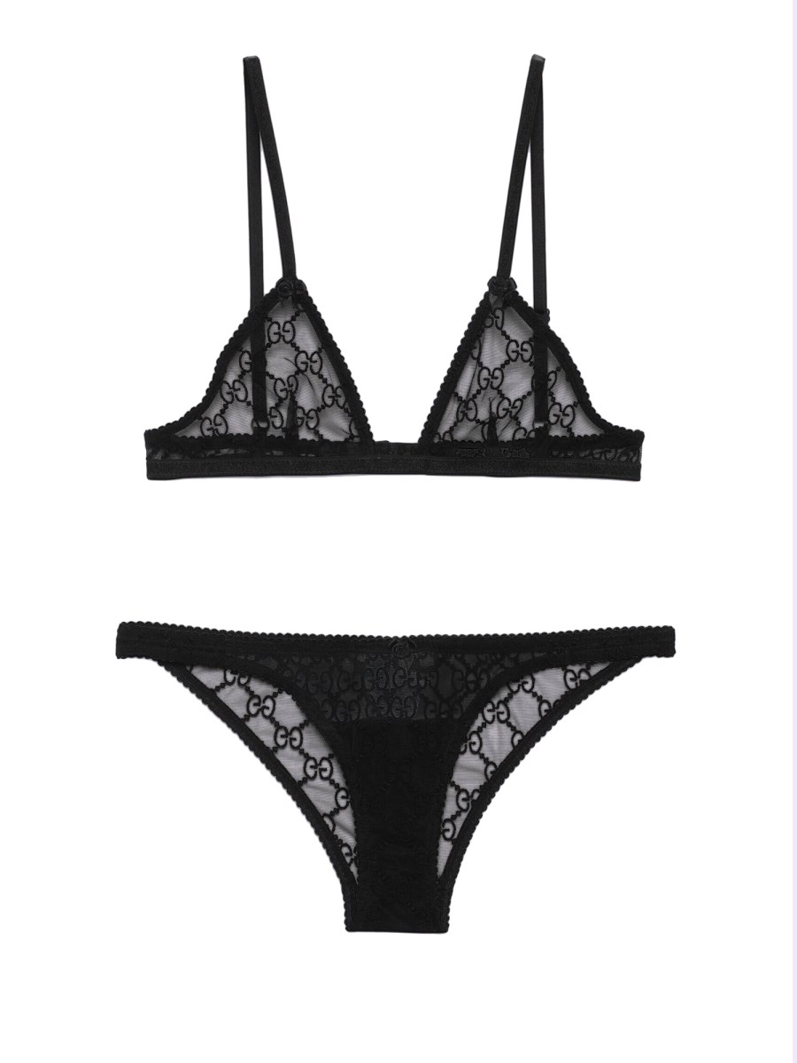 Gucci Gg Logo Sheer-lace Lingerie Set, Woman Underwear Black Xs